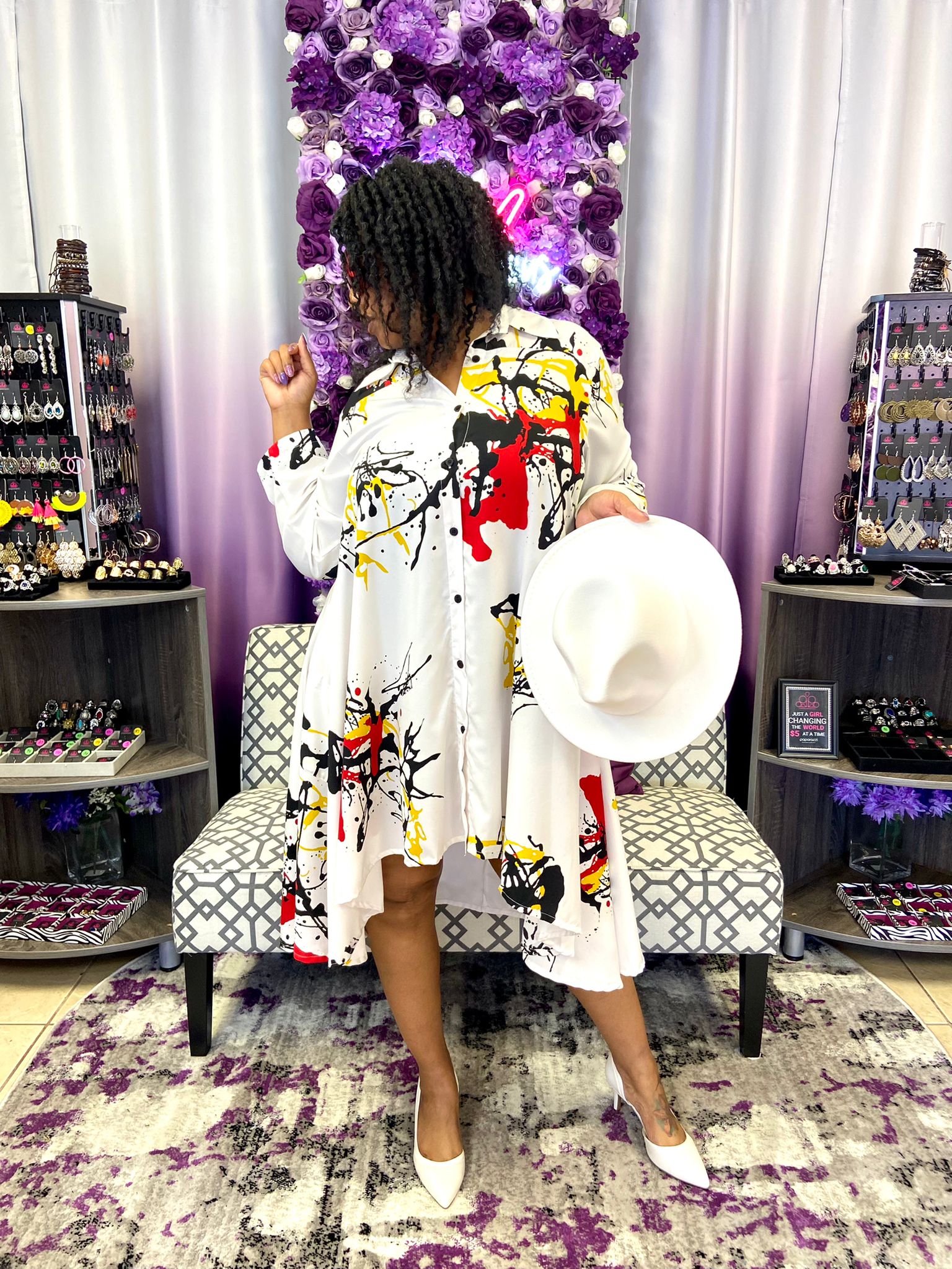 Swing Dress/ Printed Hi/Lo Shirt Dress /White-20666