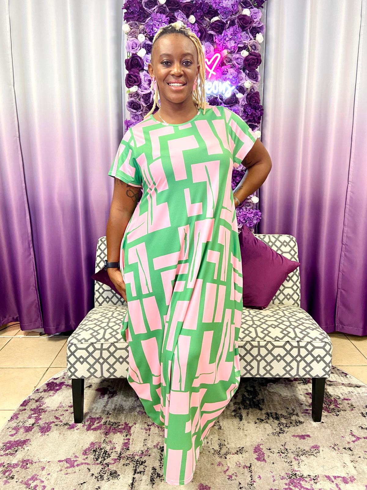 Woman Bubble Dress /Geo Print /Pink/Green