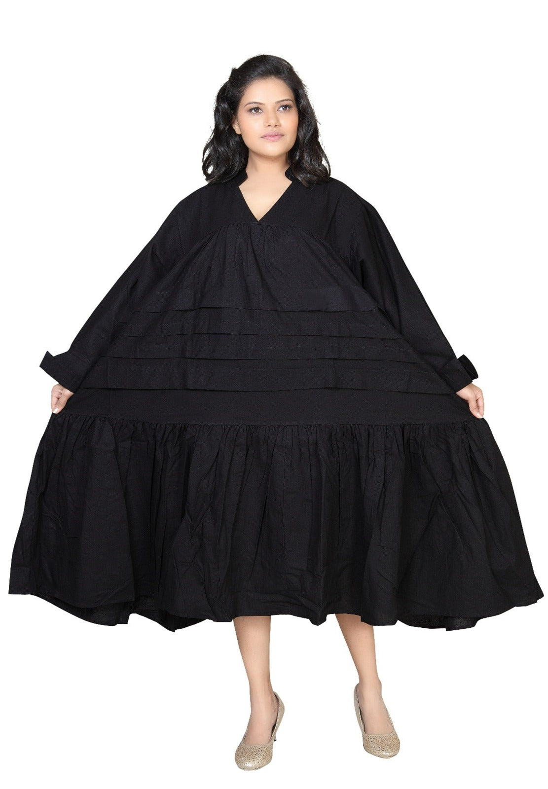 Midi Solid Dress / Blouse Black -7580