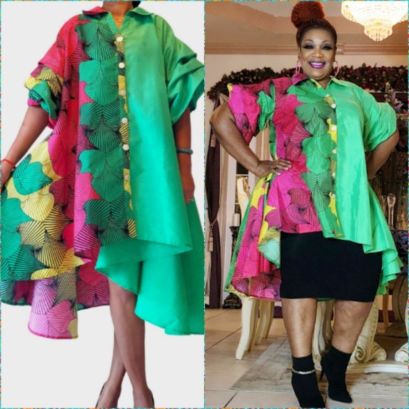 Swing Dress/ Faux Silk/ Ruffle Sleeve - Two Tone
