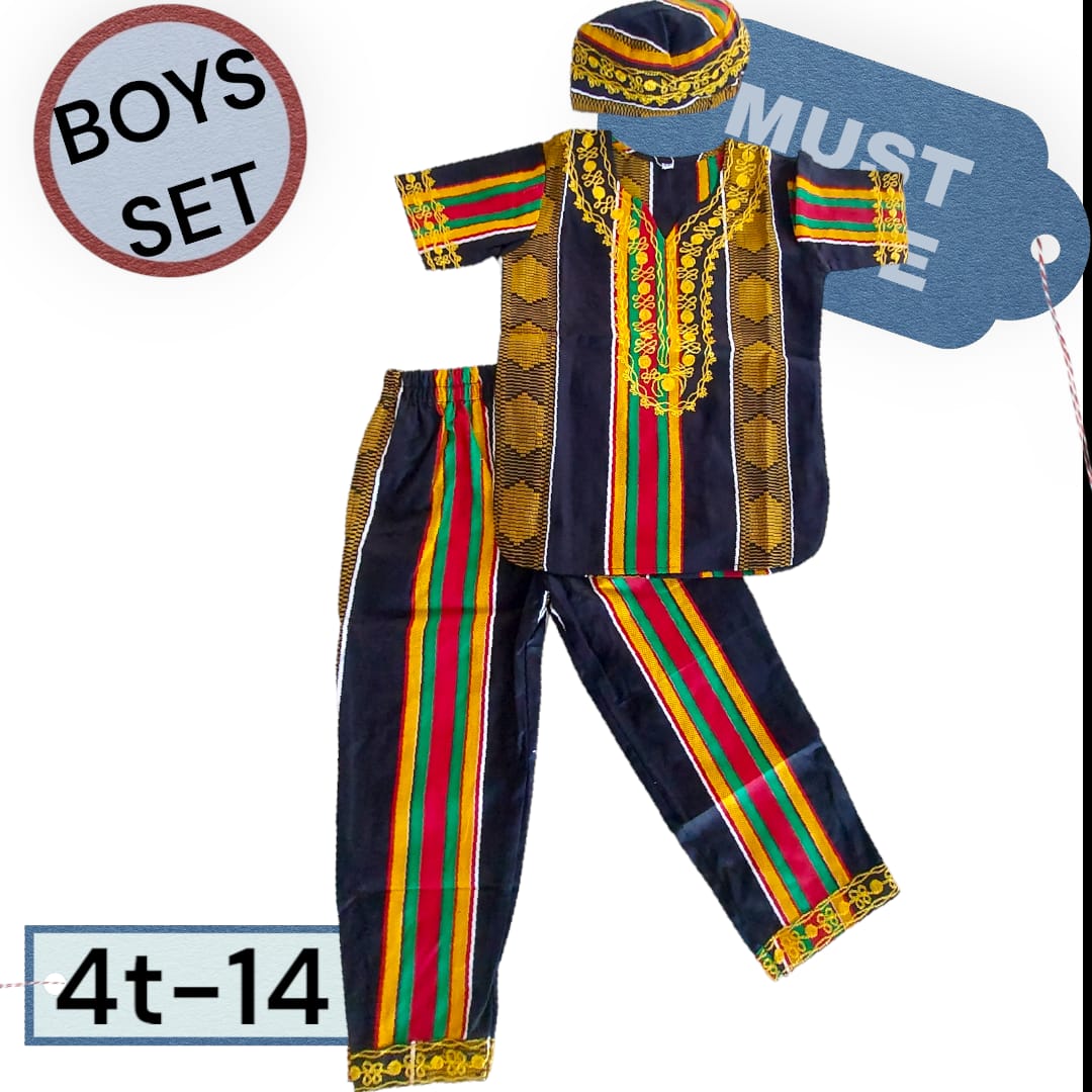 Boys 3 Pcs Kente Set/ Pant/Tunic/Kufi Hat