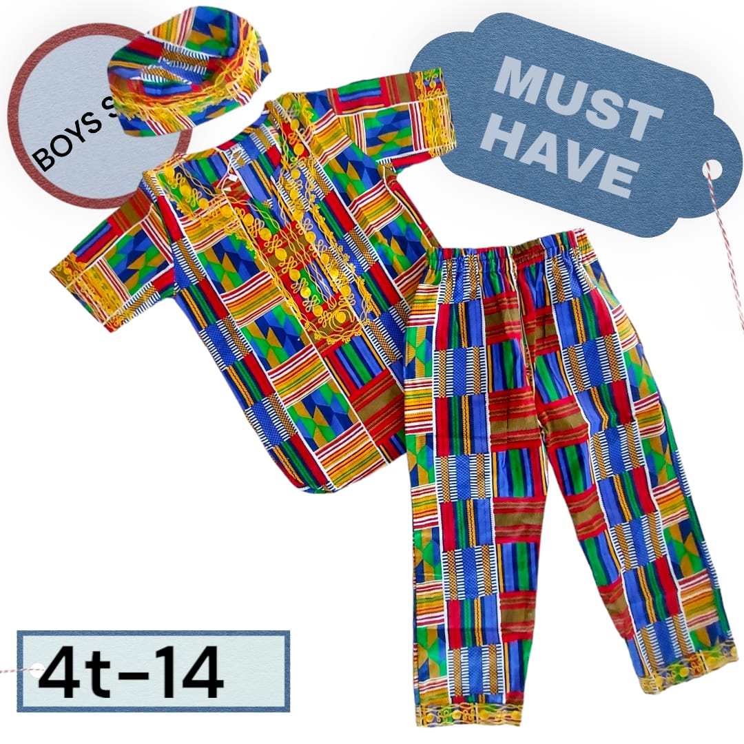 Boys 3 Pcs Kente Set/ Pant/Tunic/Kufi Hat