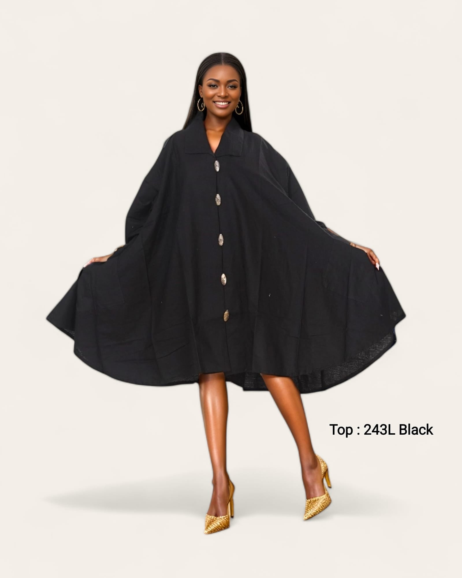 243 - Women Mid Length Coat Dress / Blouse - Black