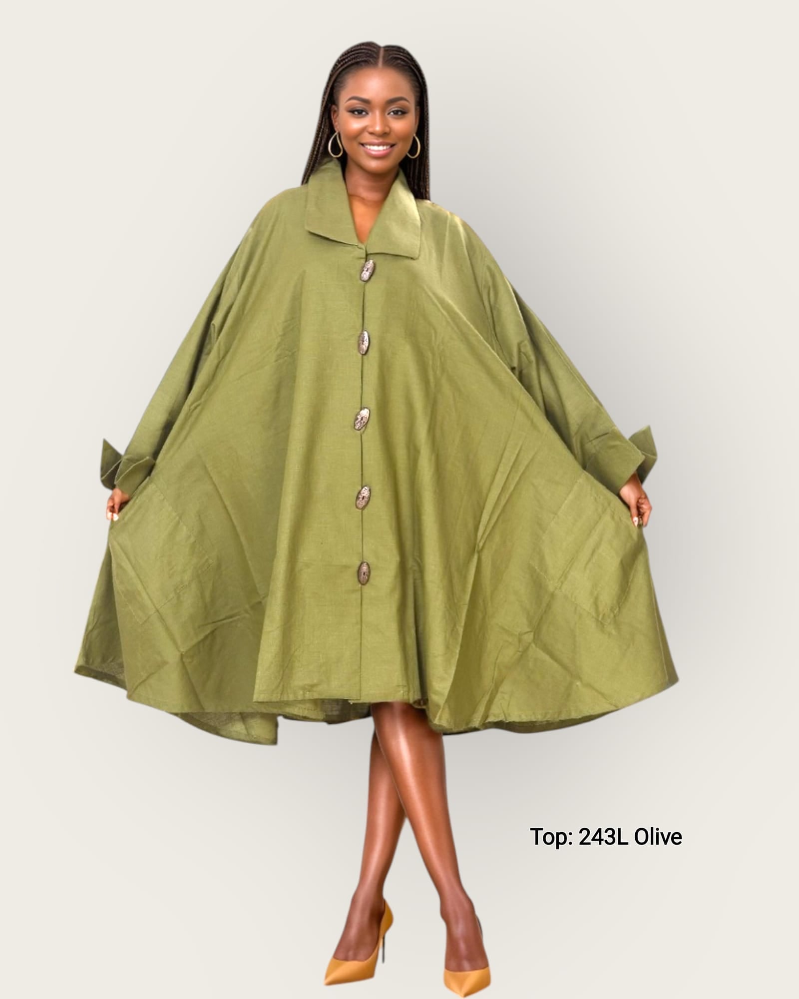 243 - Women Mid Length Coat Dress / Blouse - Olive