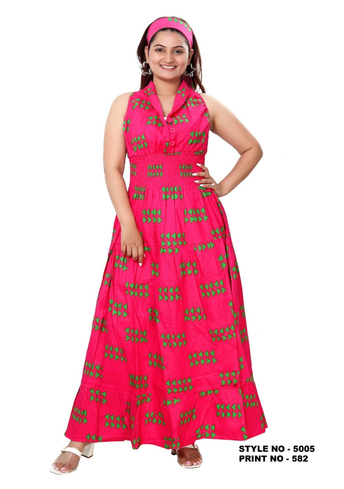5005 Long Smocked Dress With Scarf Fuchsia -Print 528