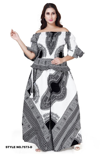 Woman Long Wide Pant & Blouse Set / Dashiki/ White- 7573