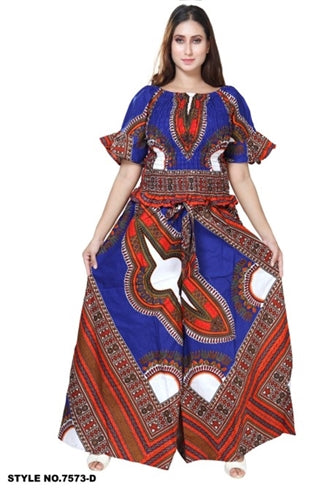 Woman Long Wide Pant & Blouse Set / Dashiki/ Royal Blue- 7573