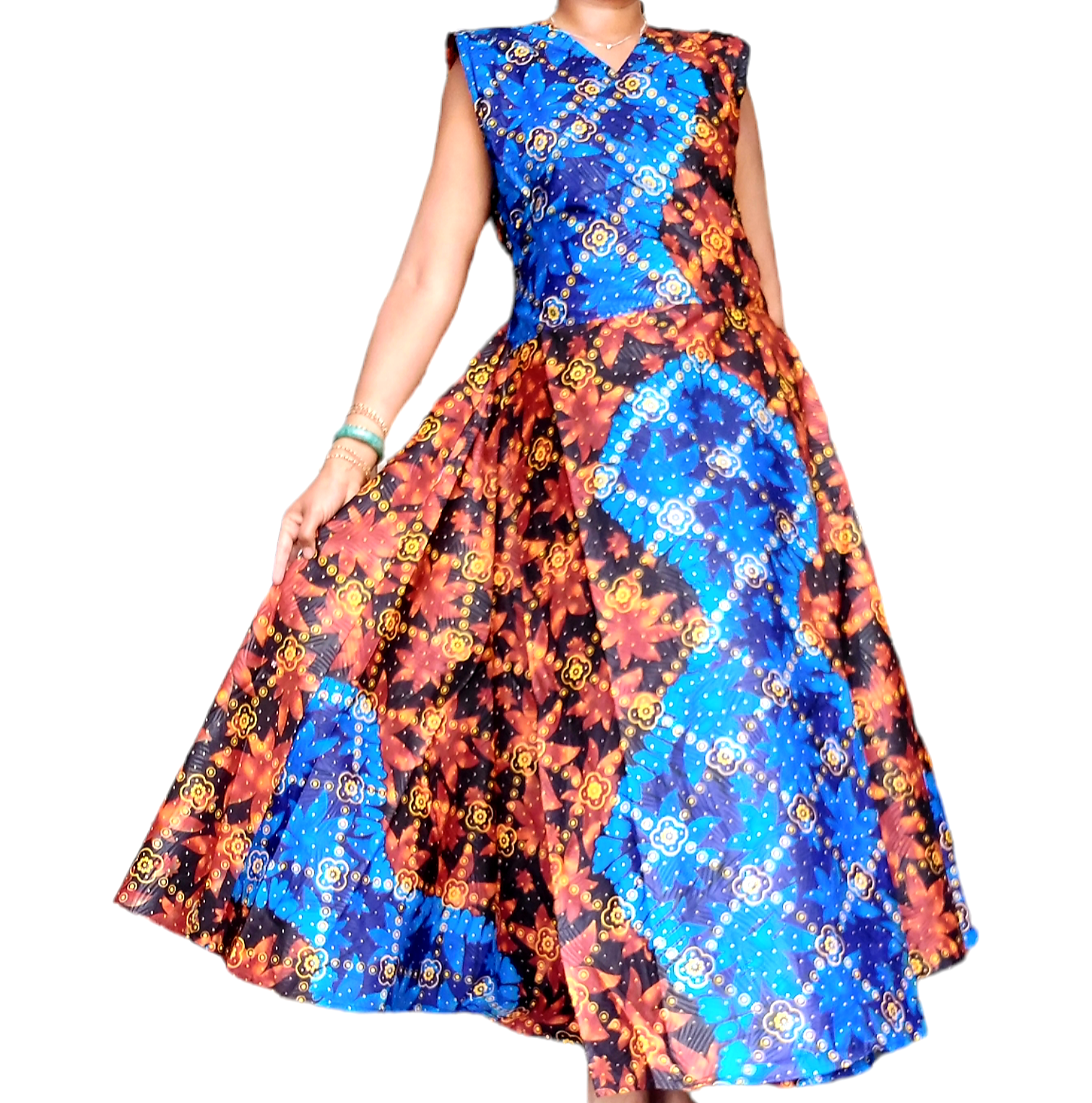 1045- Women Long Printed Sleeveless Wrap Dress-Blue/Brown
