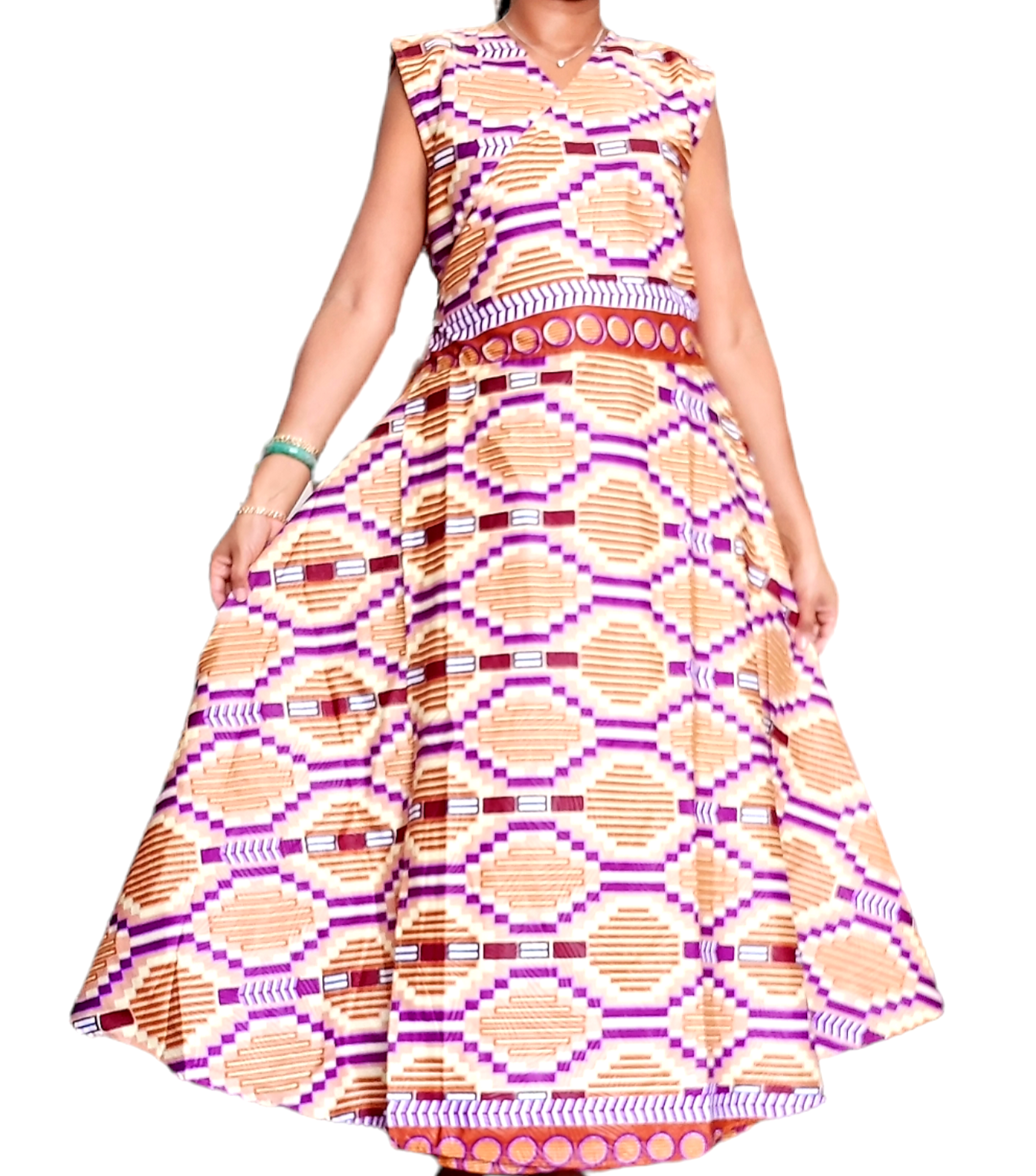 1045- Women Long Printed Sleeveless Wrap Dress-Tan/Purple