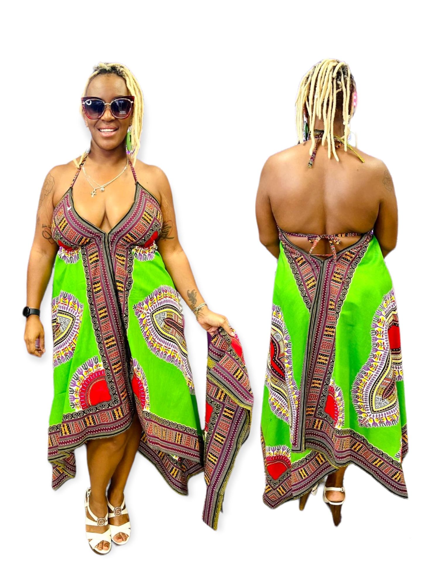 Dashiki Halter Dress/ Handkerchief Hem- k583