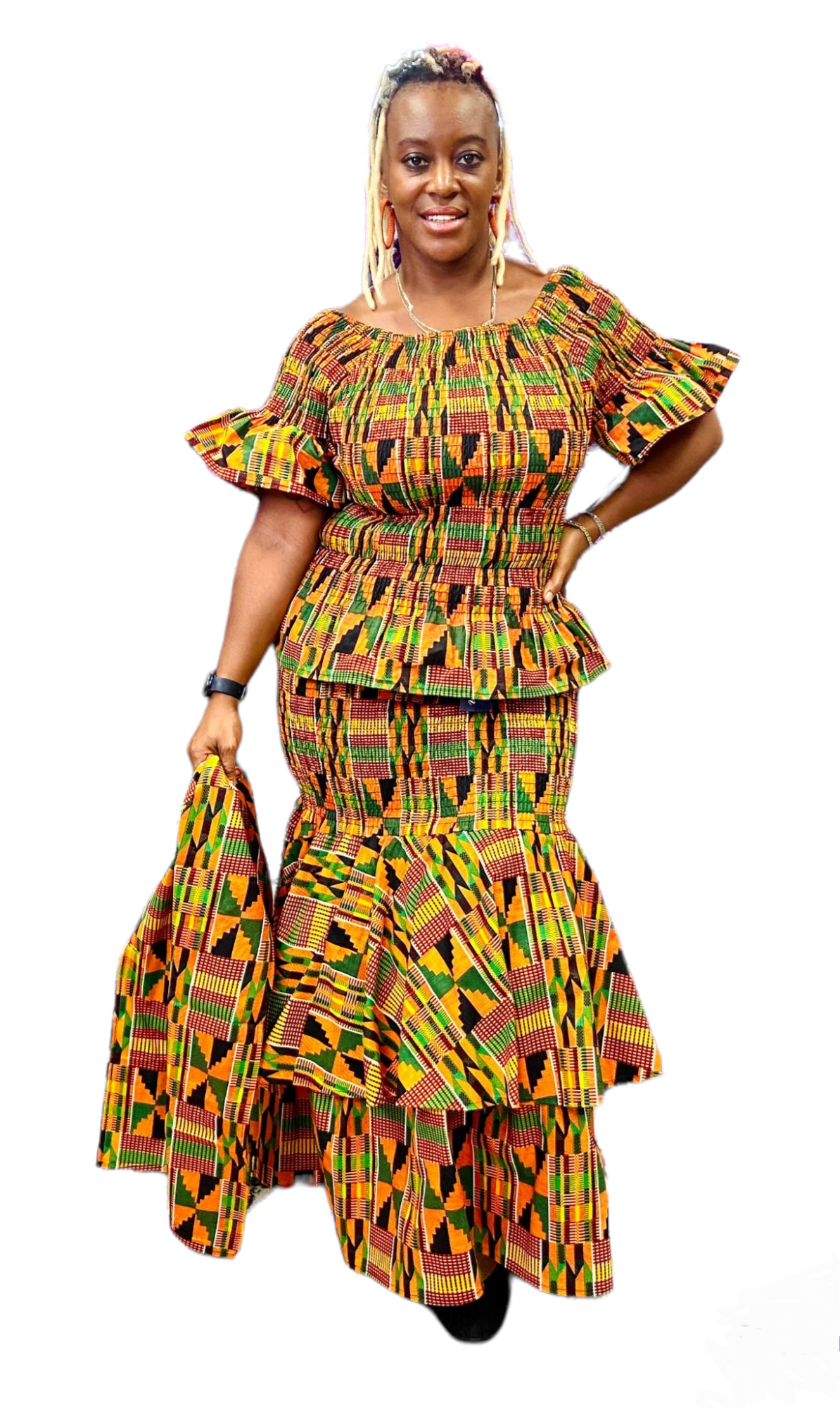 Smock Tiered Skirt / Blouse Set- Orange Kente