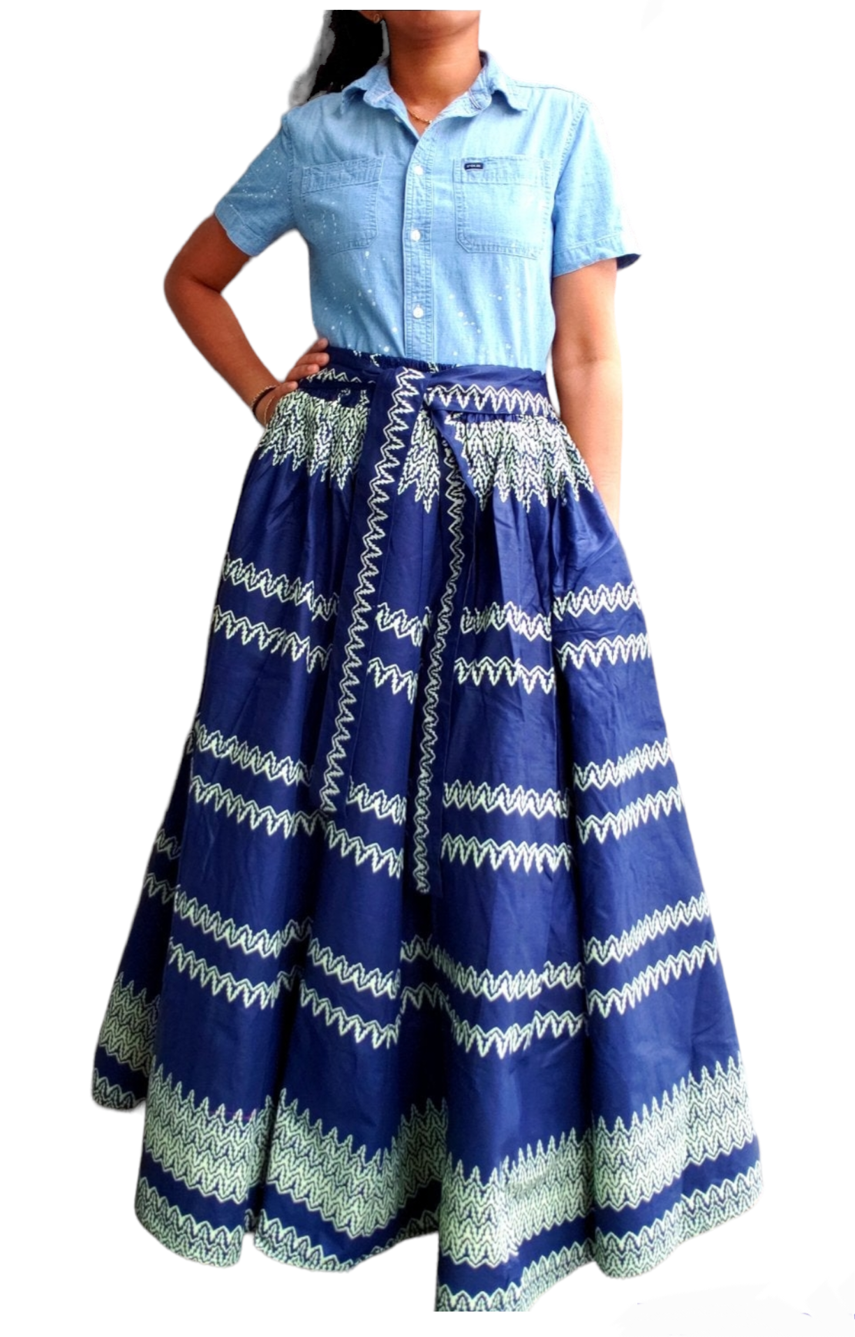 7001 Woman Long Maxi Skirt- Navy Blue/ Cream Print