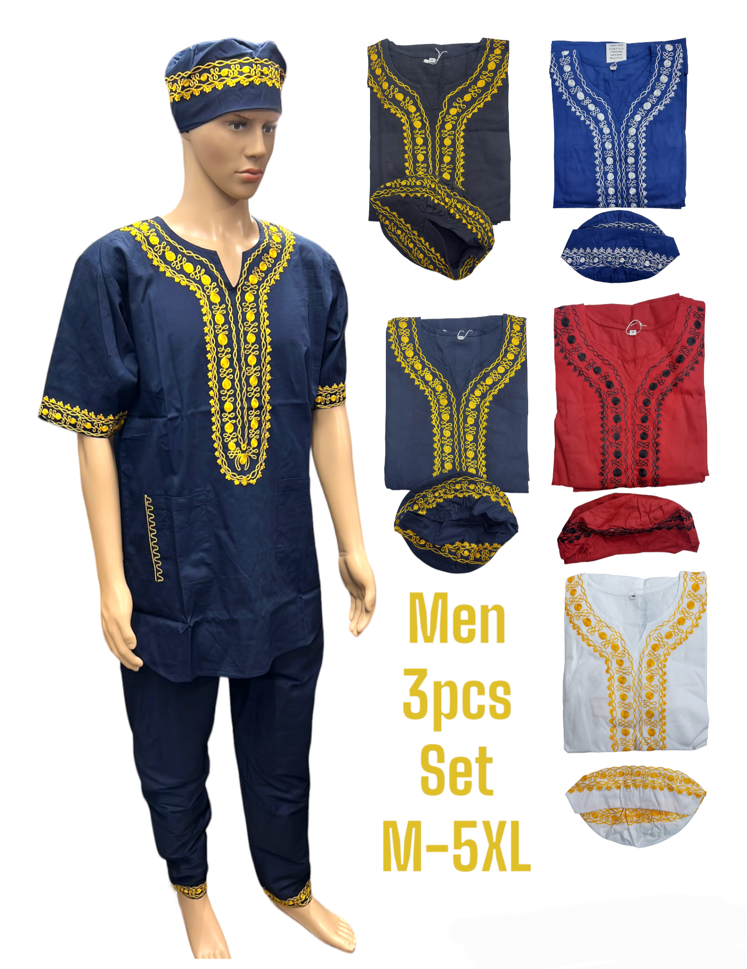 Men's 3Pcs Embroidery Set- Navy