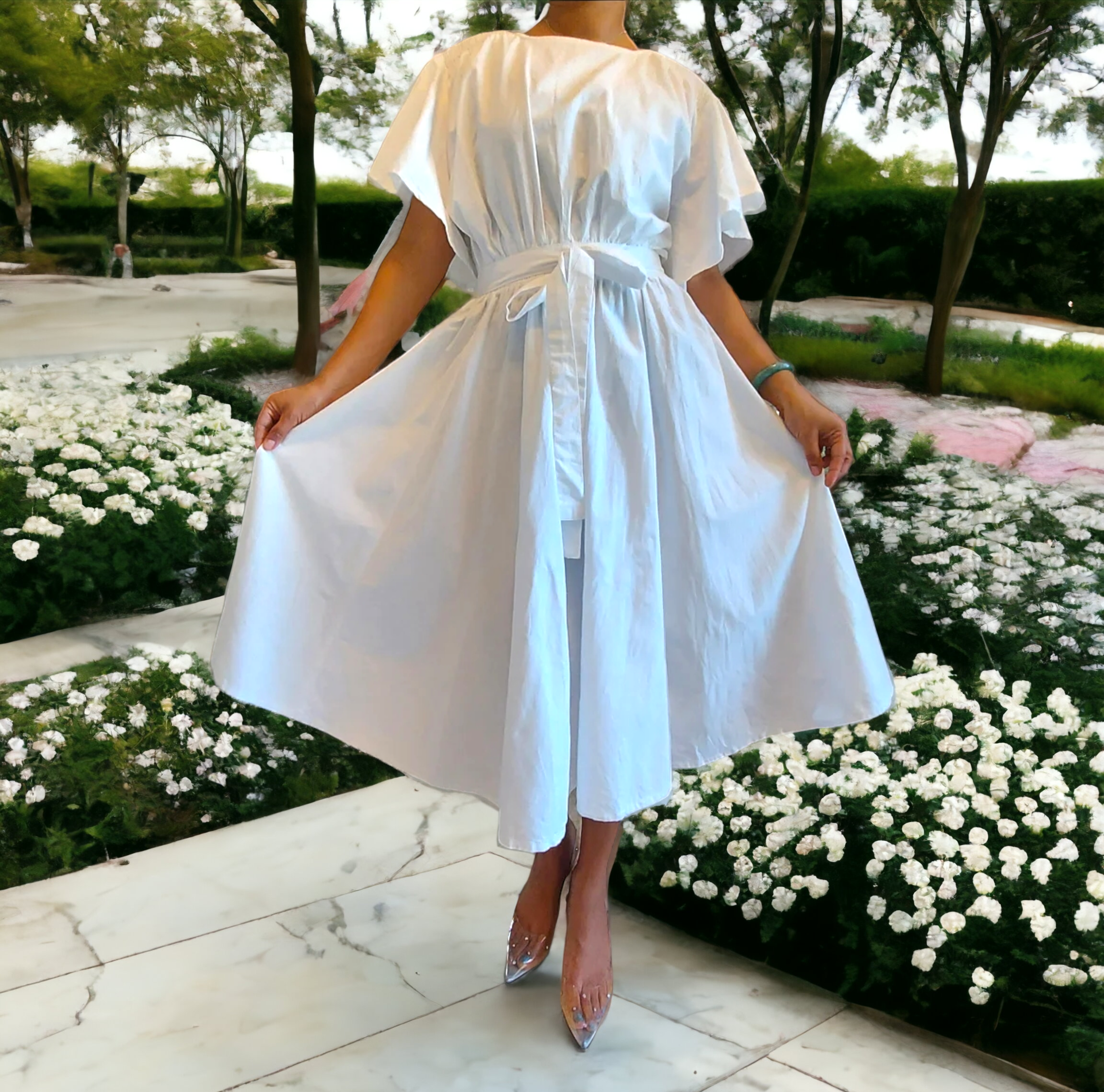 Cotton Crop Top & Mid Length Skirt - White