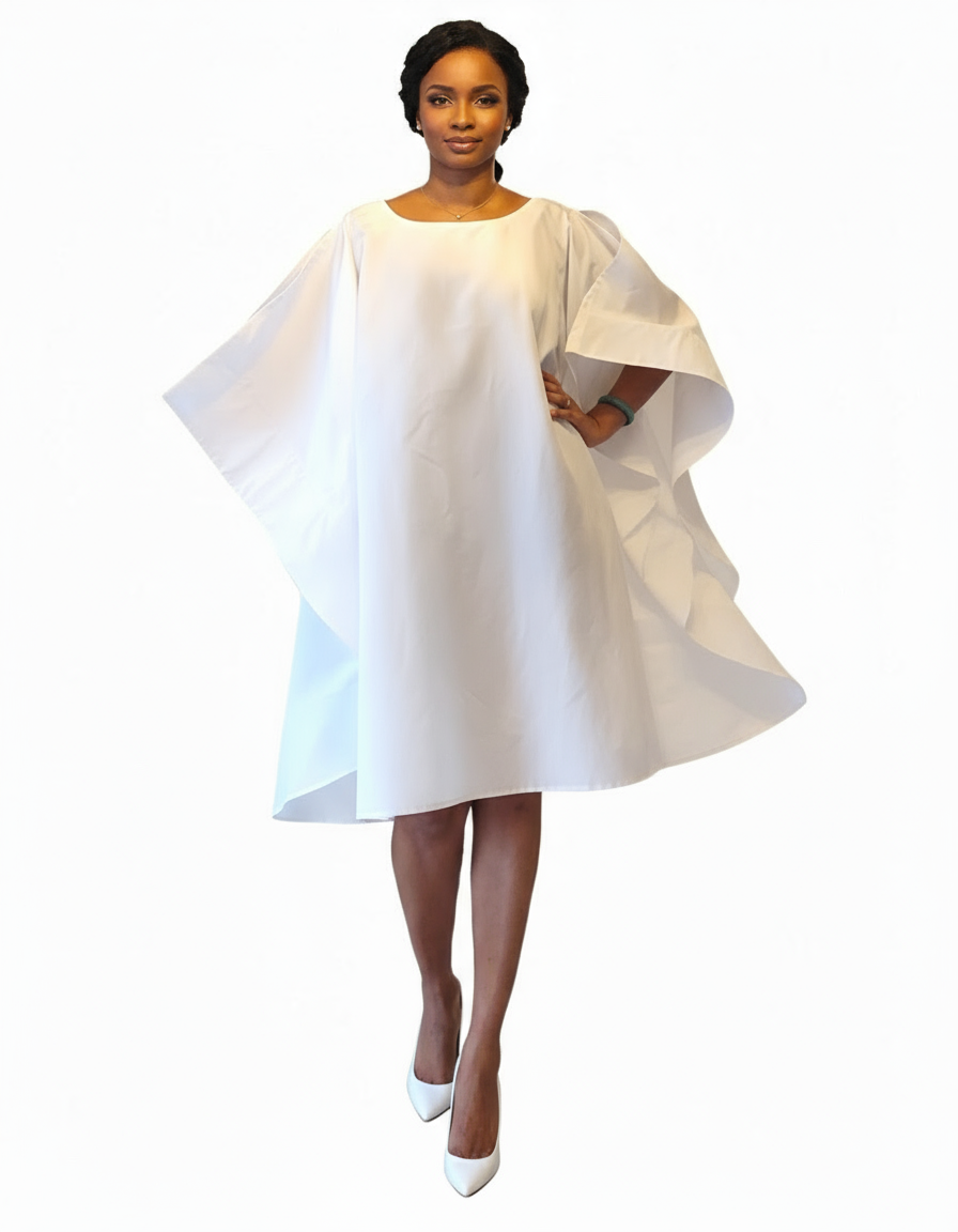 Faux Silk Wing Dress/Poncho Dress/ Wing Sleeves-White