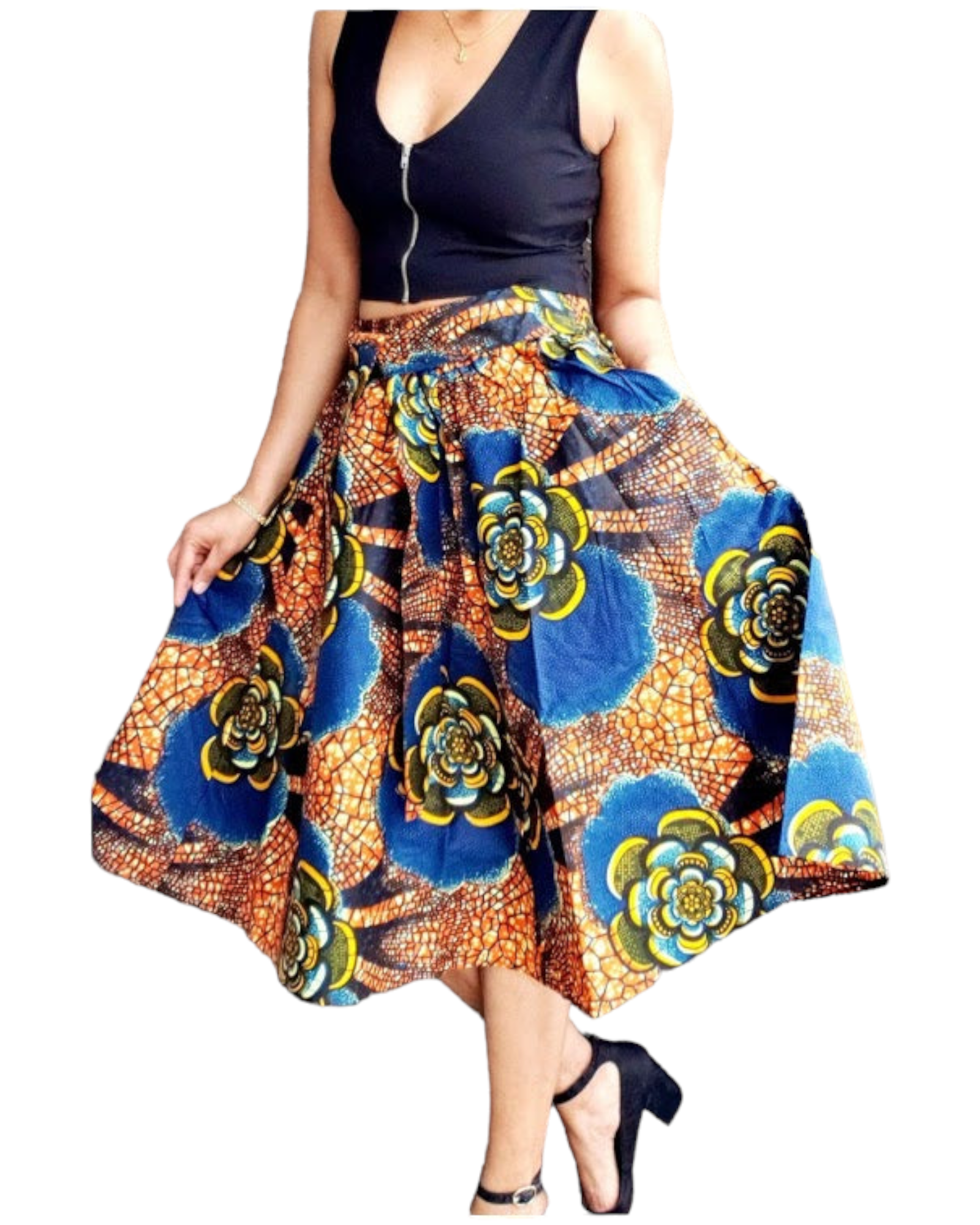 #7012- Women Mid Length Flared Skirt-Blue/Orange