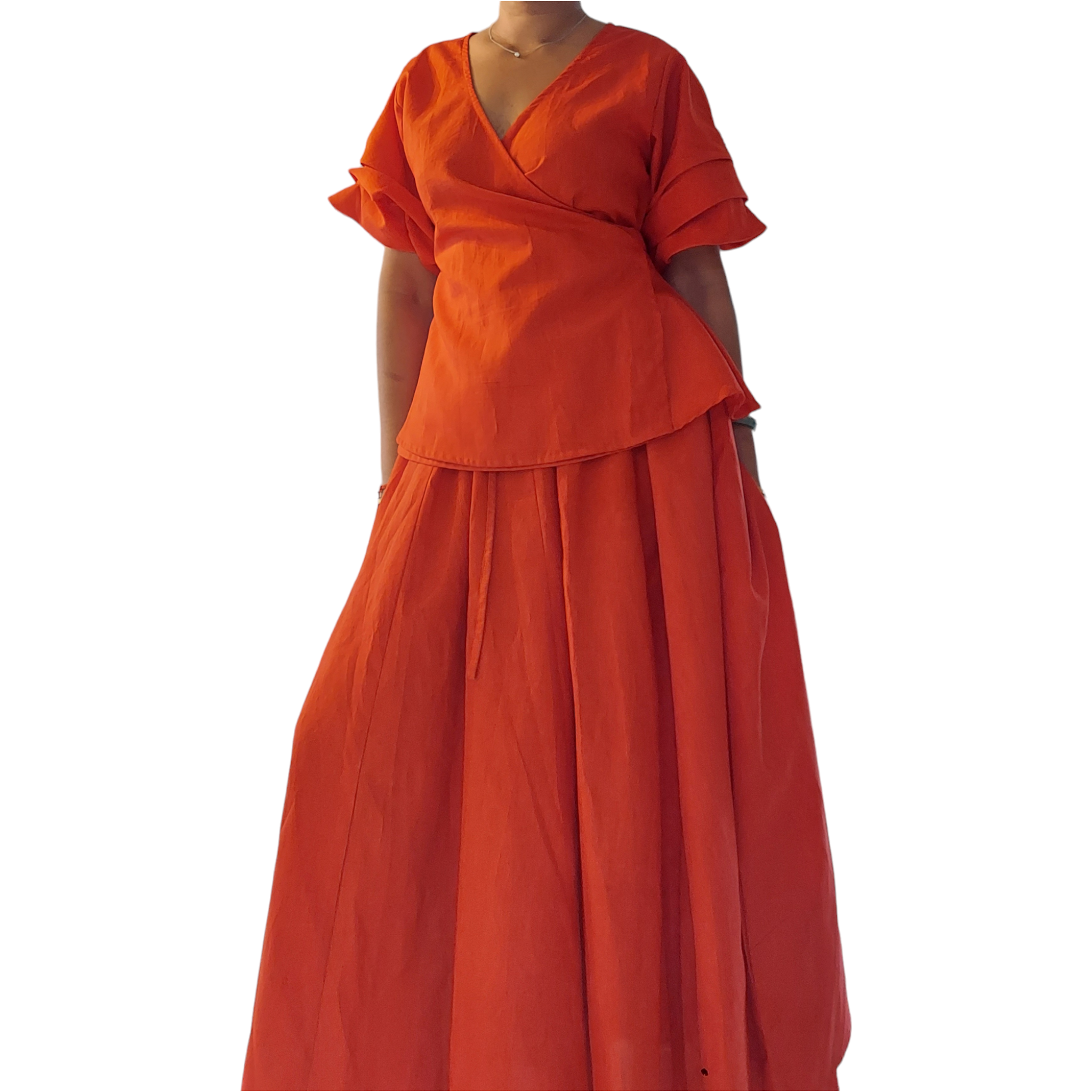 Faux Silk Long Skirt & Wrap Blouse Set - Red