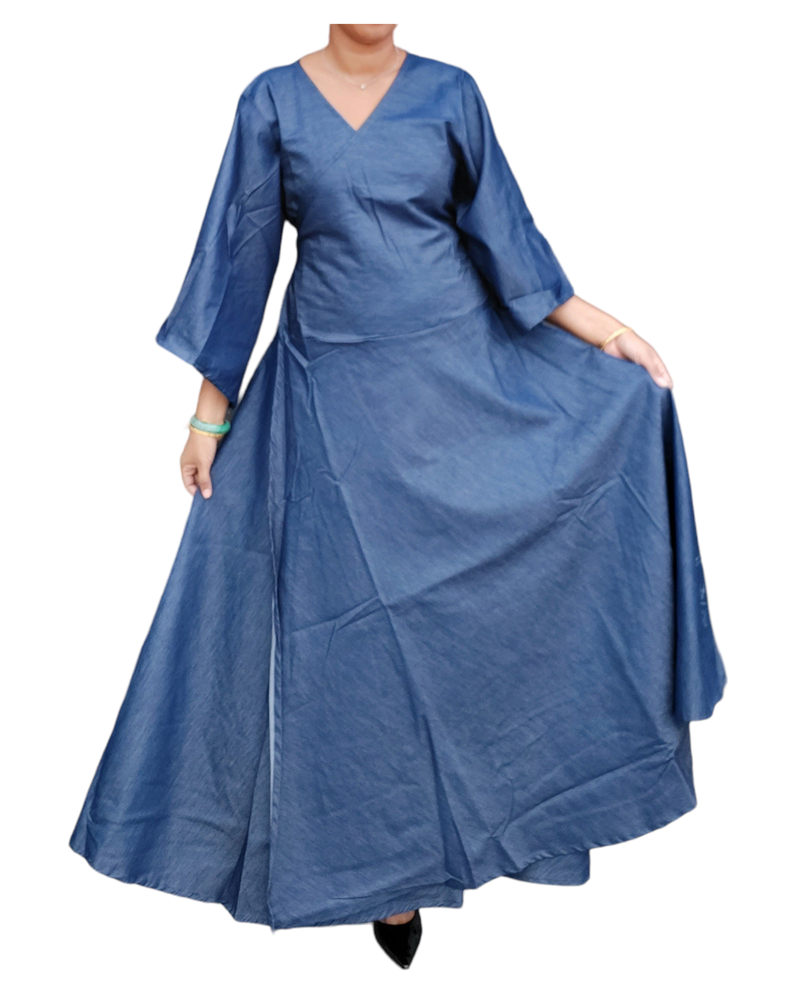 Woman Long Wrap dress with Mid Length bell sleeves- Indigo Denim