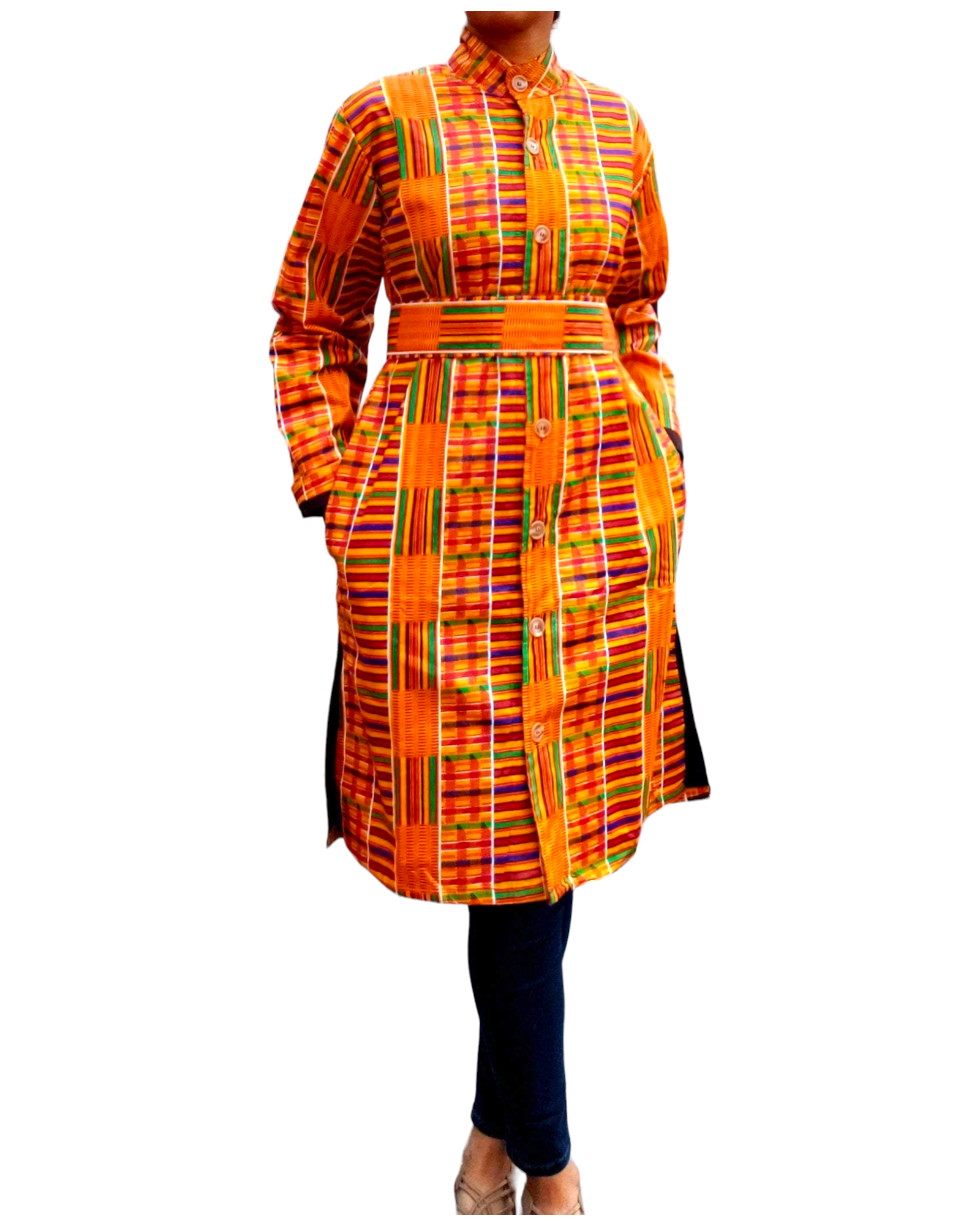 Button Down Dress Coat- Traditional African Kente- 440