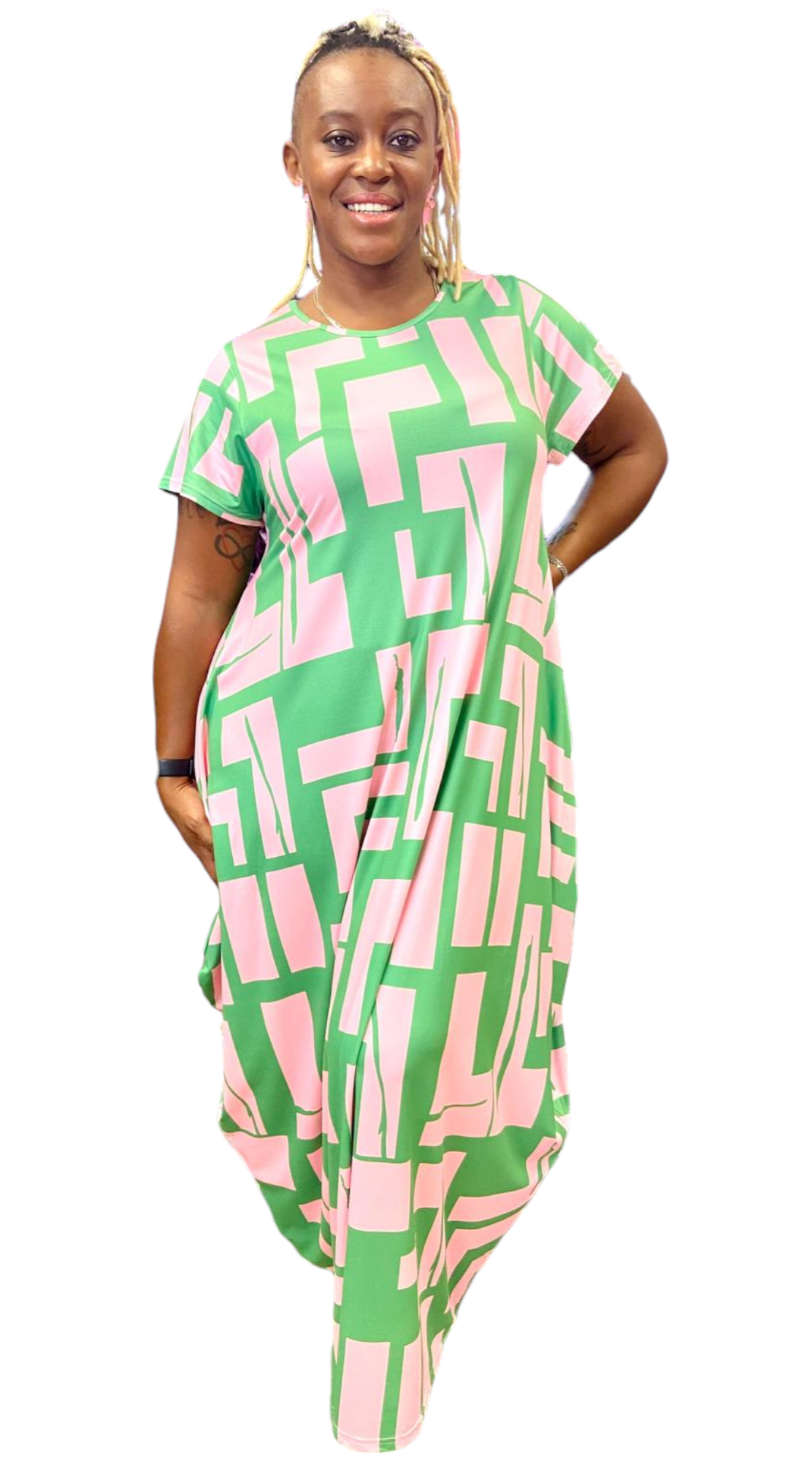 Woman Bubble Dress /Geo Print /Pink/Green