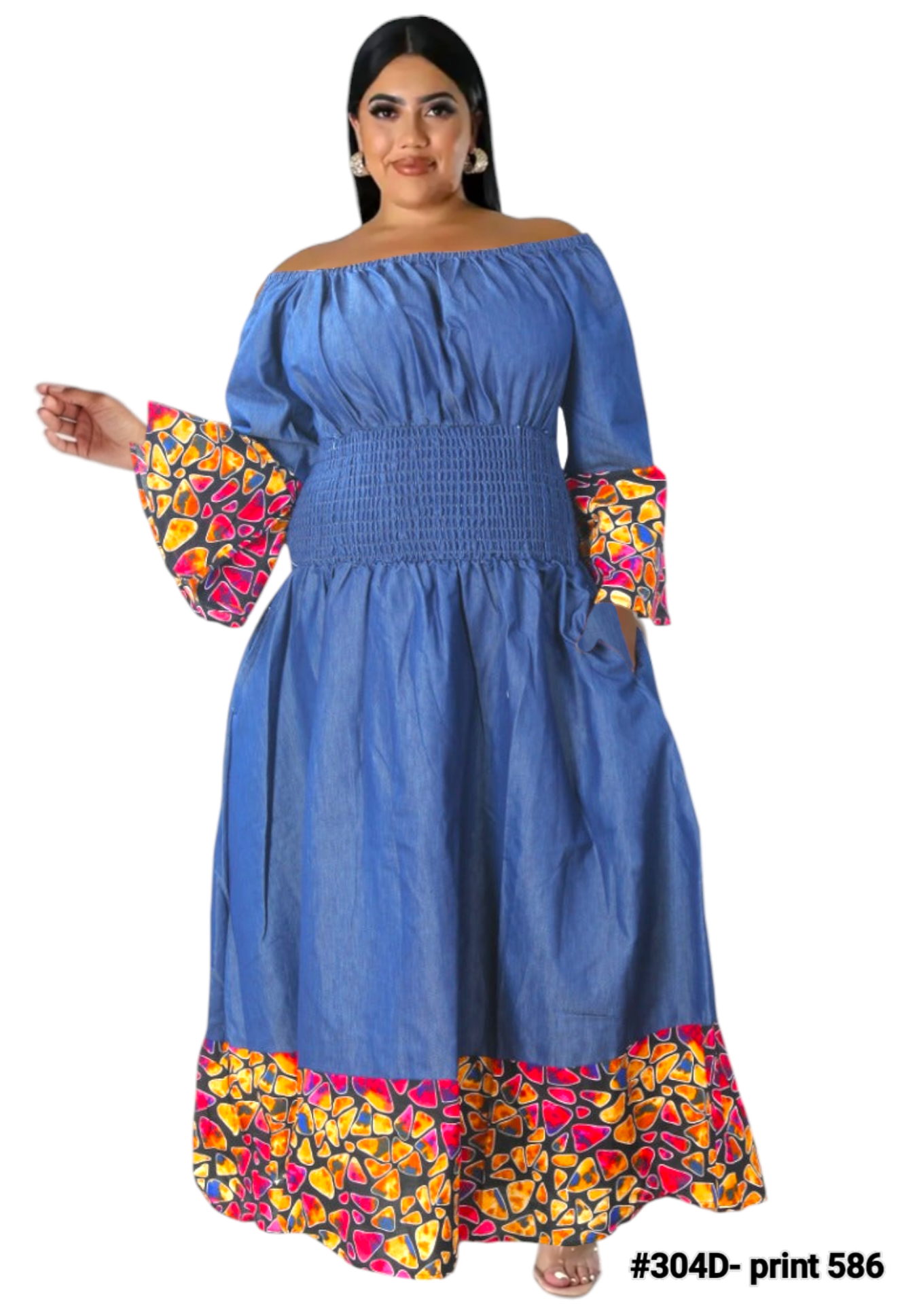 304 Smock Waist Denim Dress/ Polkadot Border