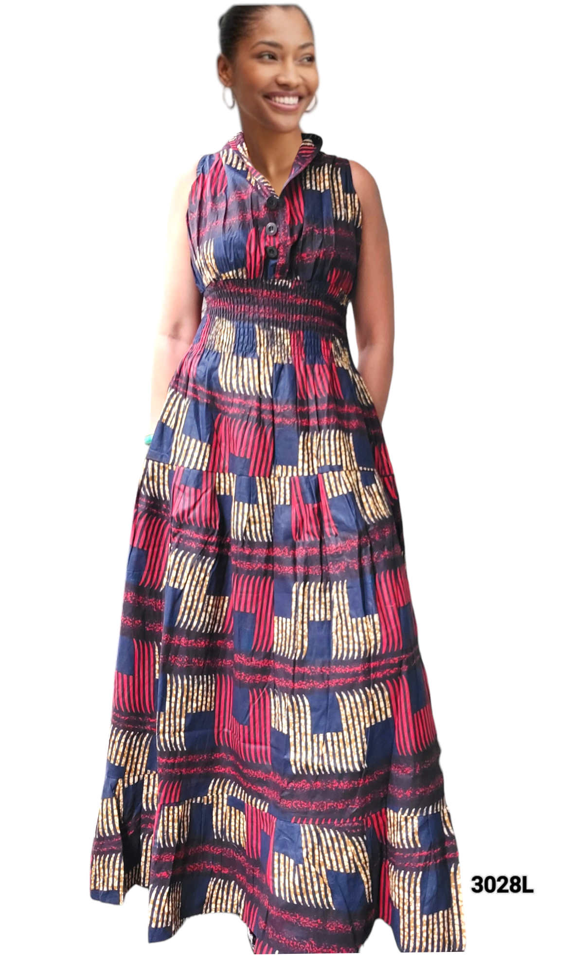 3028L Long Smocked Dress/ Printed- Navy/Red