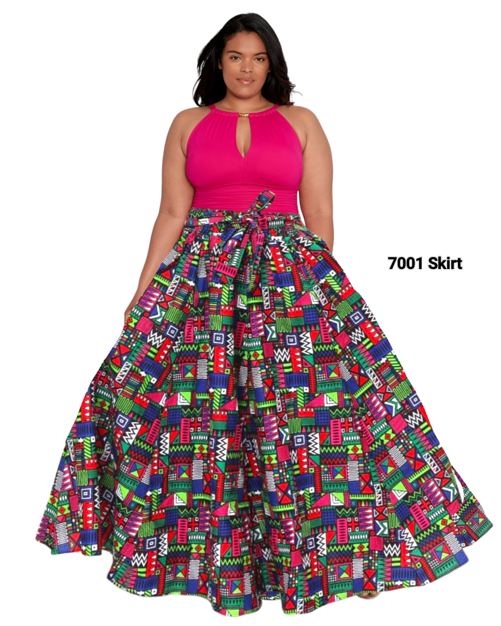 7001 Women Long Printed Maxi Skirt- Pink/Green Multi