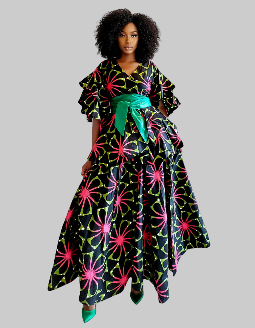 7001 Set / Long Skirt and Wrap Blouse / Floral Print