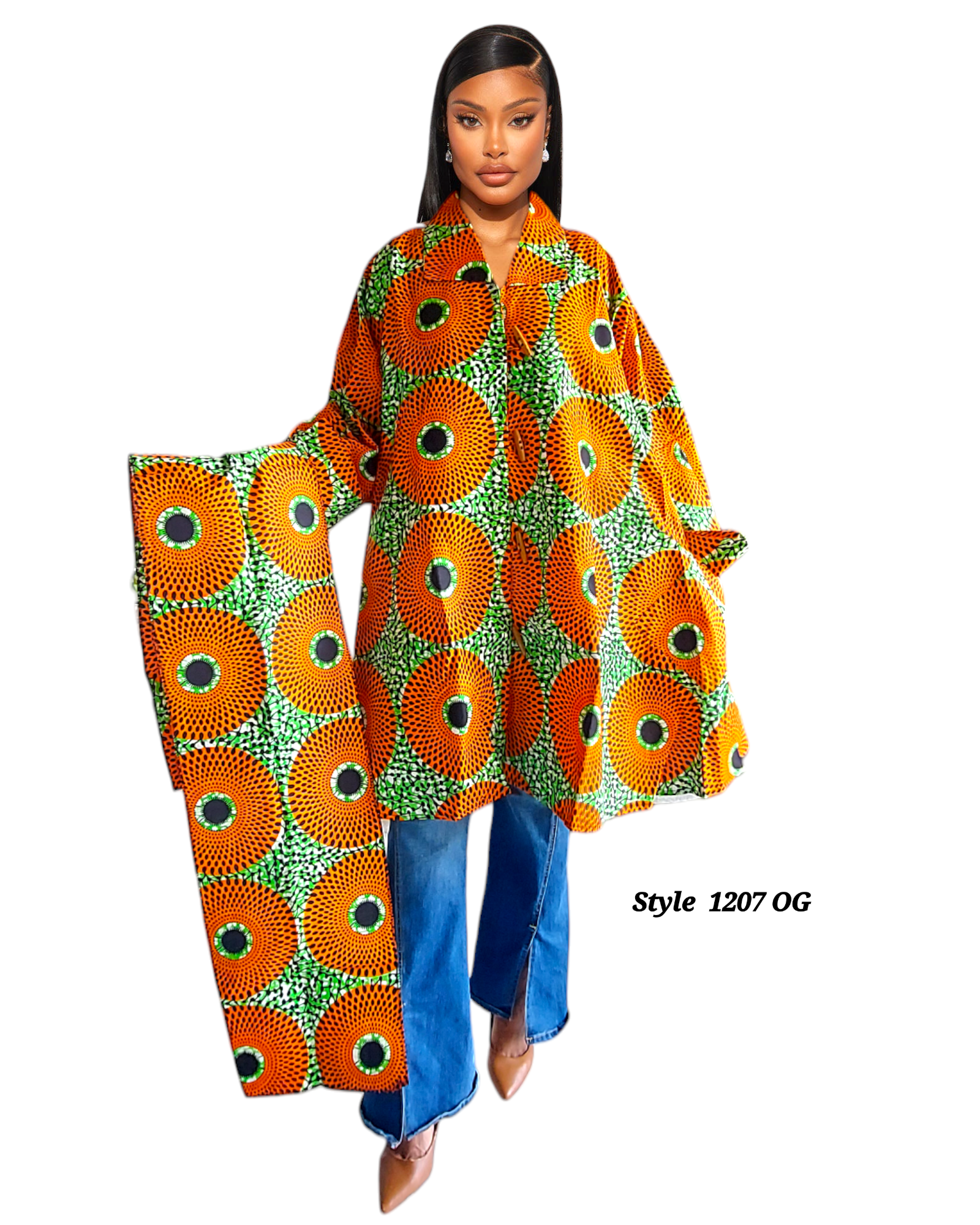 1207- Cotton Short Dress / Blouse- Orange/Green