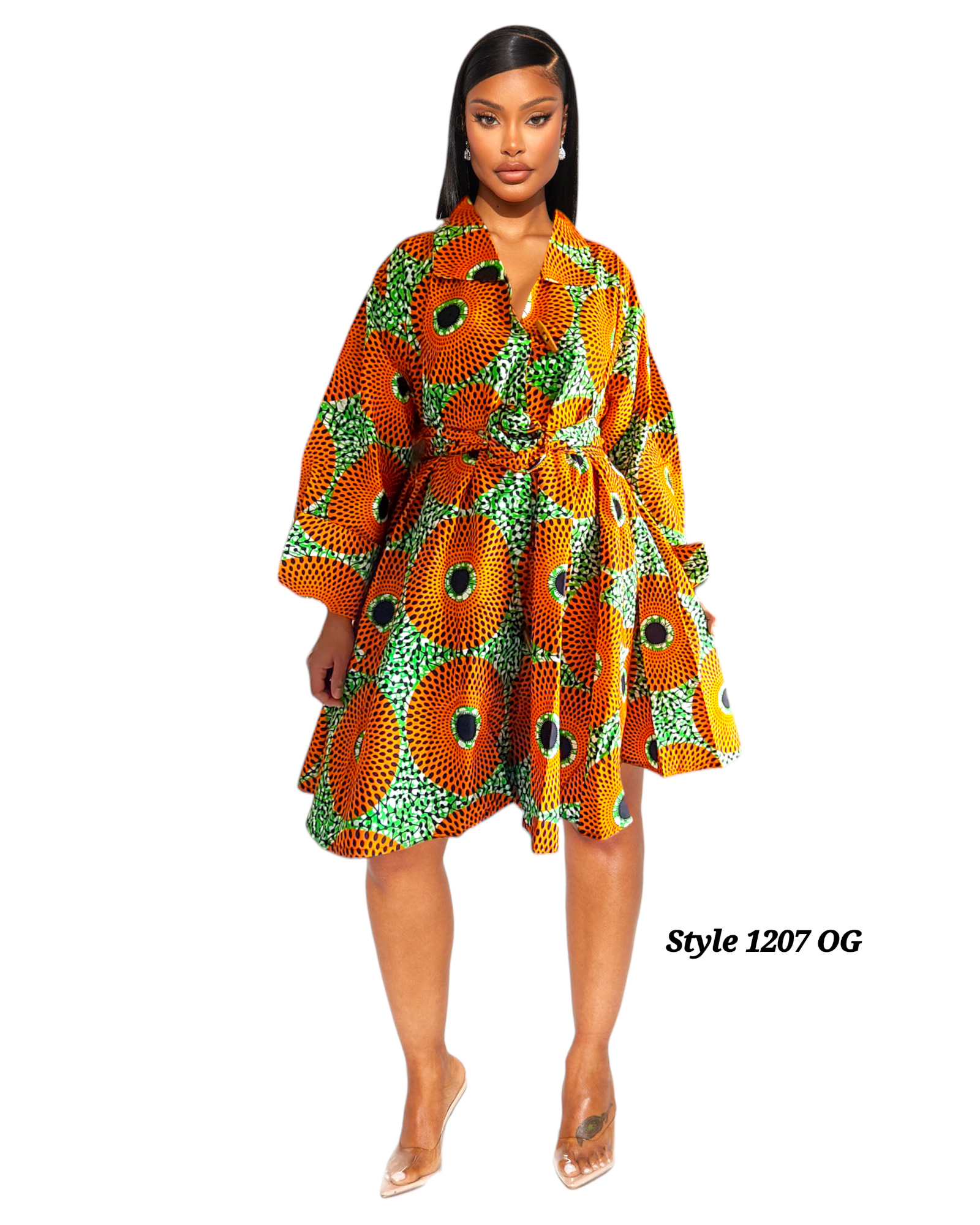 1207- Cotton Short Dress / Blouse- Orange/Green