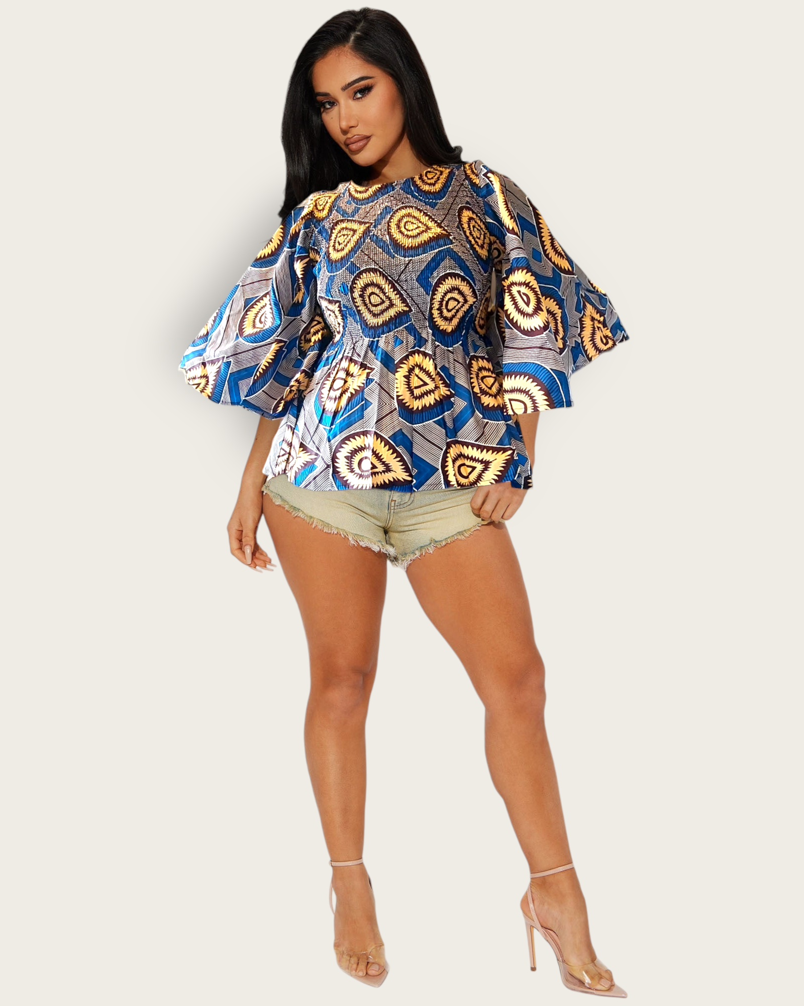19 Ladie's African Print Smock & Flare Blouse & Scarf- Peach