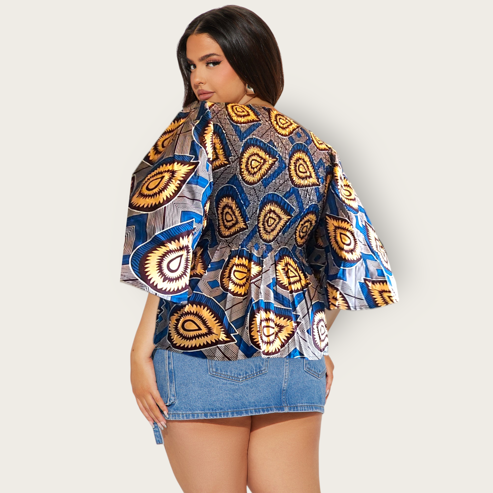 19 Ladie's African Print Smock & Flare Blouse & Scarf- Peach