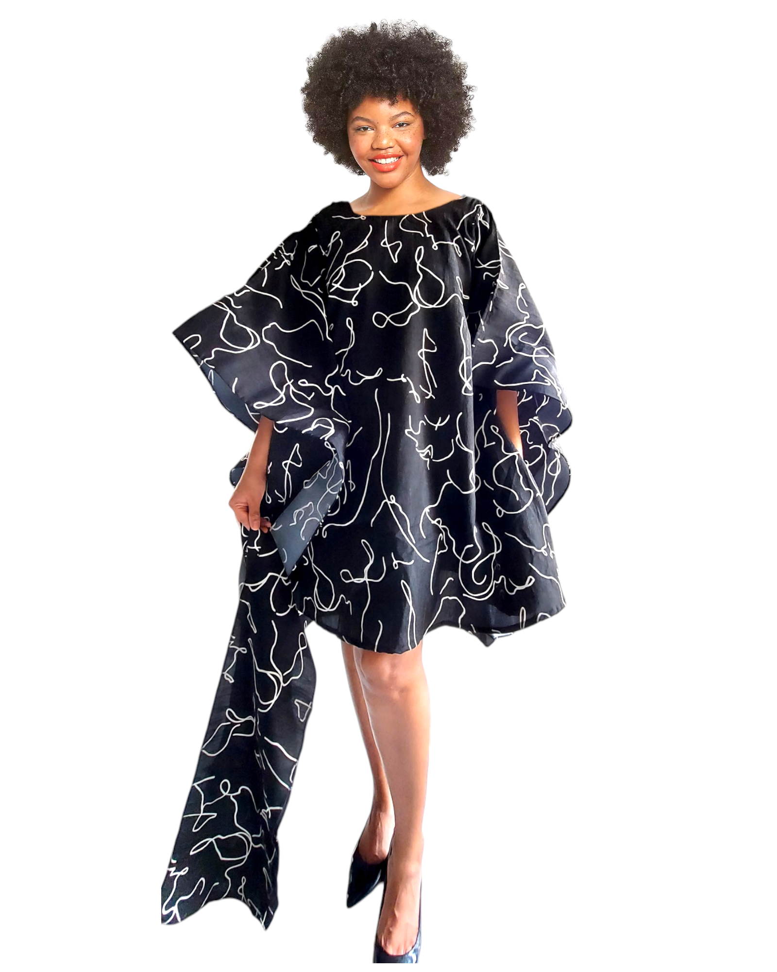 Faux Silk Wing Dress/Poncho Dress/ Wing Sleeves-Printed 25032F