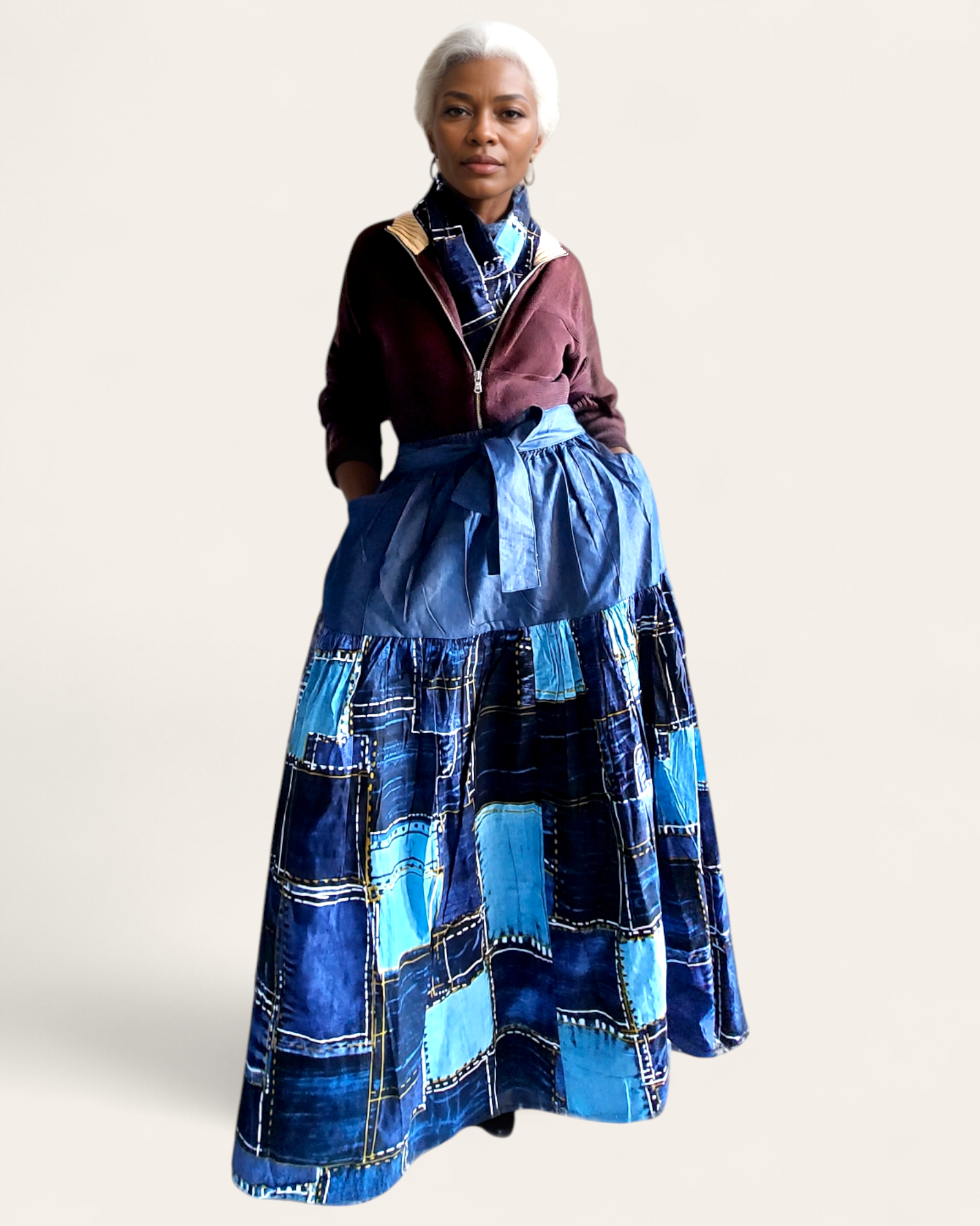 7837 - Long Flared Tiered Skirt- Blue/Denim Print 638