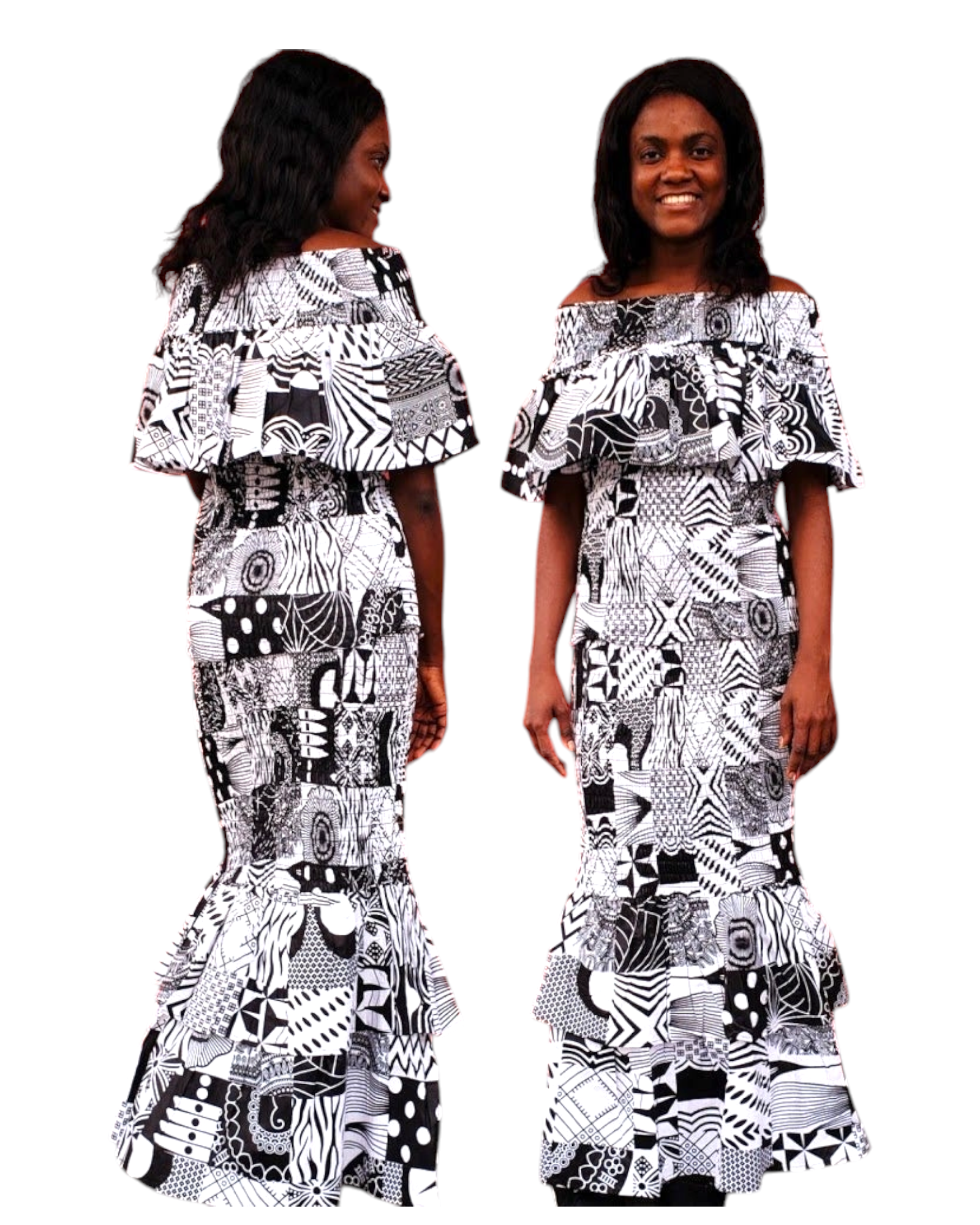 Women Smocked Skirt & Blouse Set-Black/White