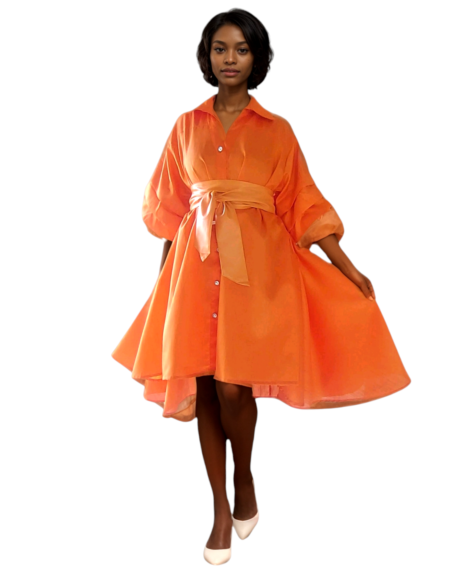 Swing Dress/ Faux Silk/ Ruffle Sleeve - 25013 Orange