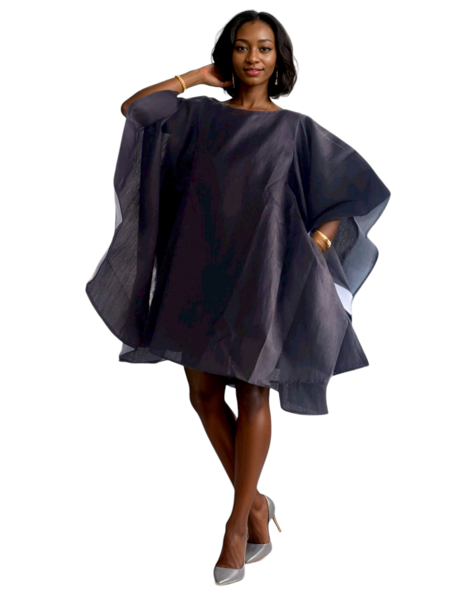 Faux Silk Wing Dress/Poncho Dress/ Wing Sleeves-23032 Black