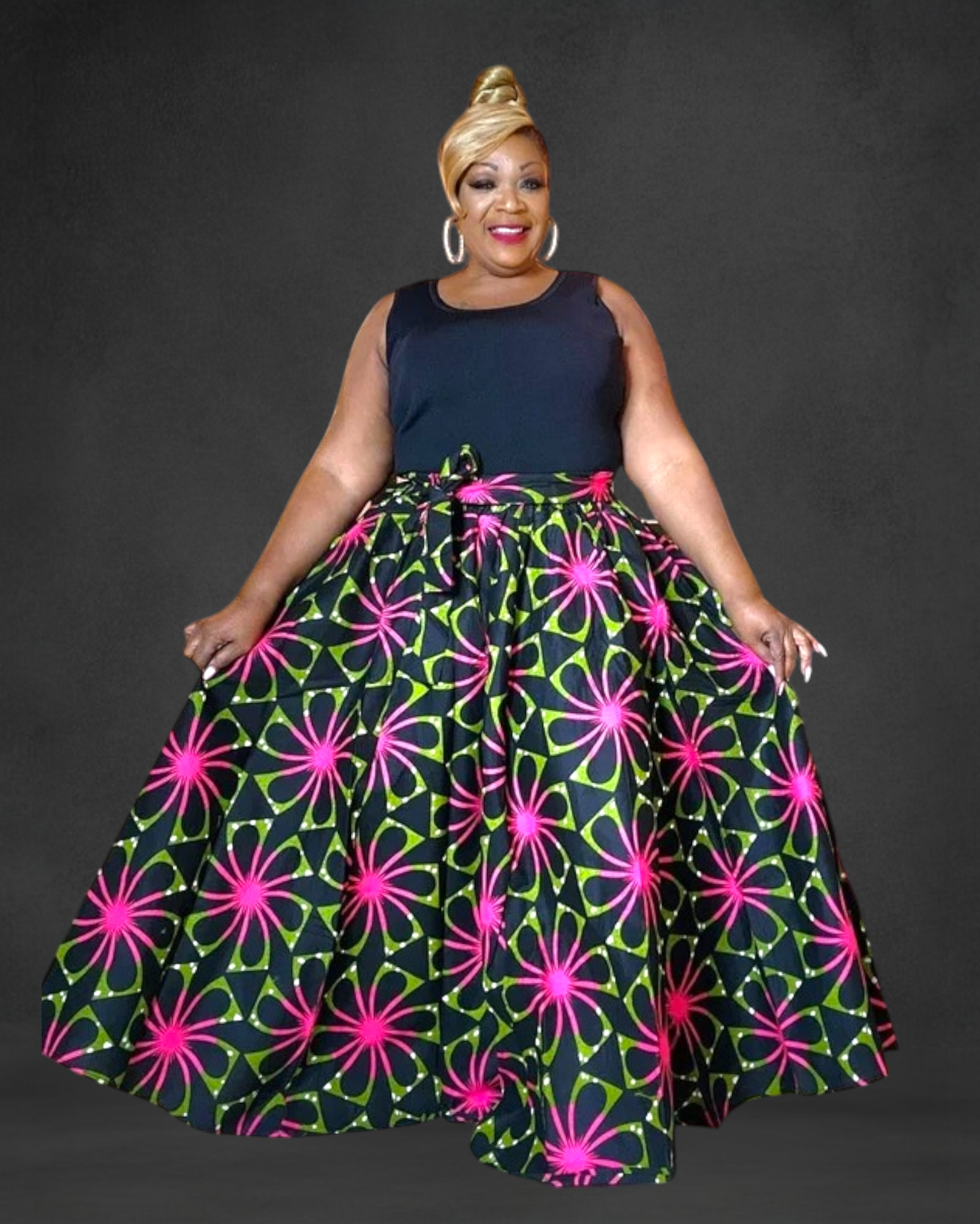 7001- Women Long Maxi Skirt-Black/Pink