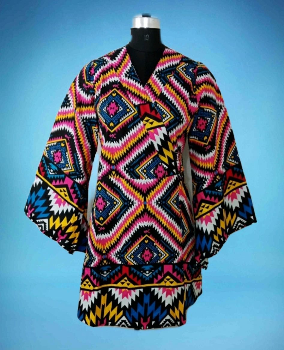 Women Printed Wrap Blouse/Long Bell Sleeves- Multi Color