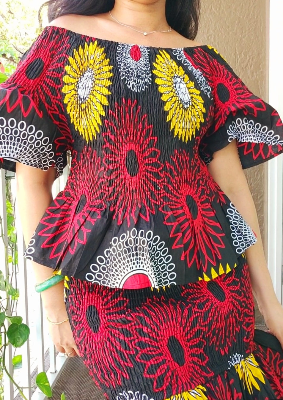 Woman Long Smock Tiered Skirt / Blouse Set- Black/Red