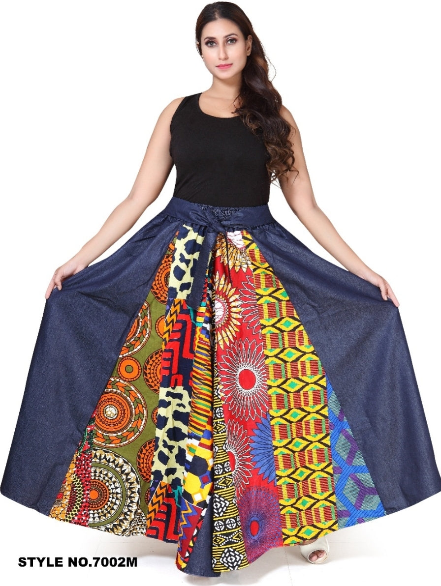 Women Long Denim Panel Patch Skirt- 7002