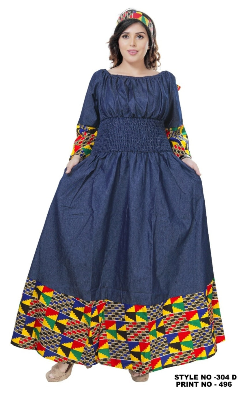 304 Smock Waist long Denim Dress