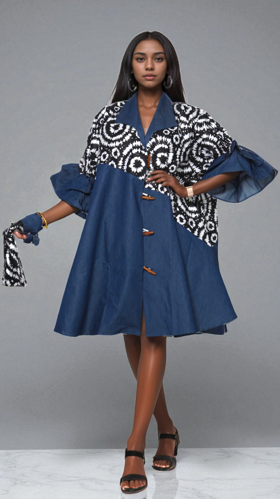 Denim Shirt Dress with Ankara African Print 3139-C