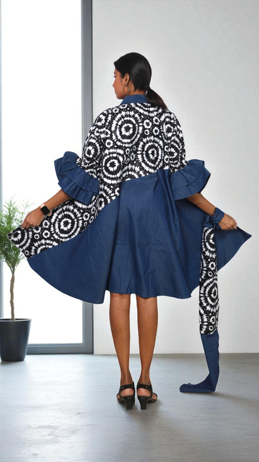 Denim Shirt Dress with Ankara African Print 3139-C