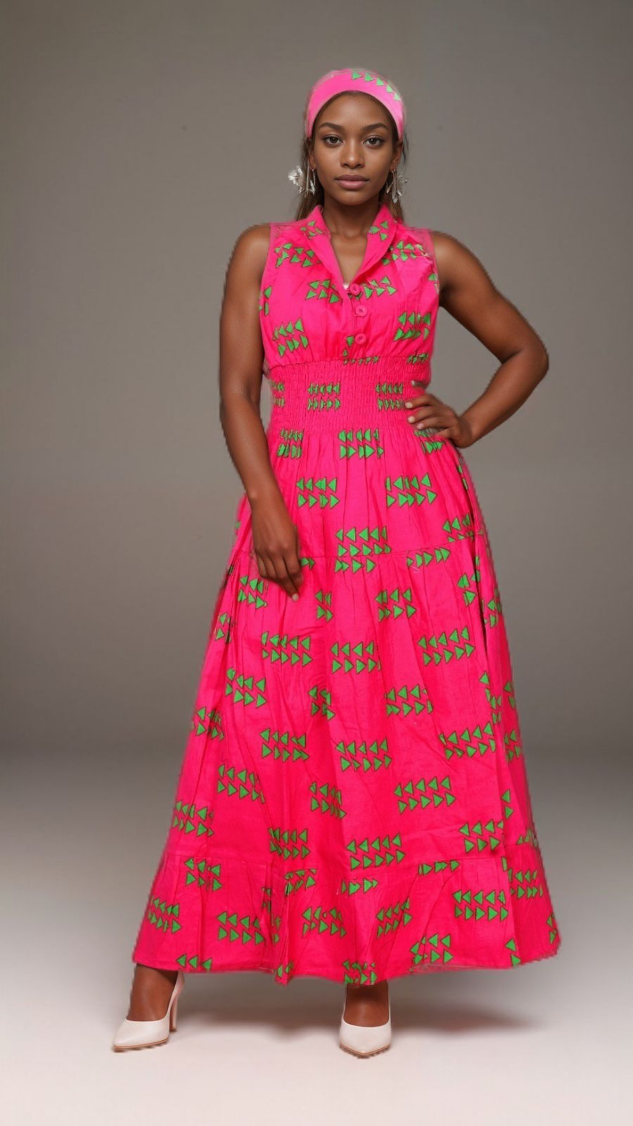 5005 Long Smocked Dress With Scarf Fuchsia -Print 528