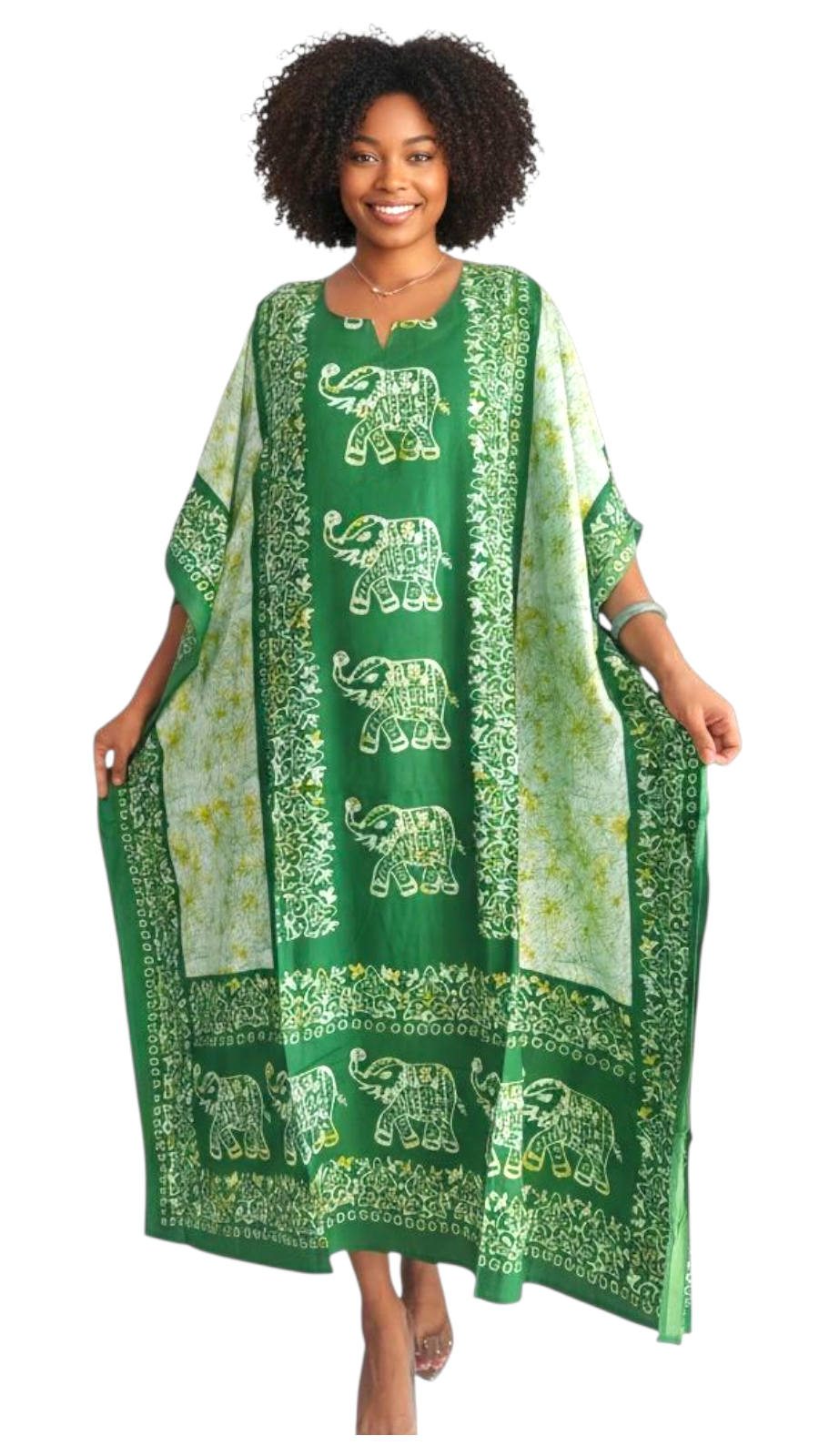 Women Elephant Print Kaftan Dress - Green