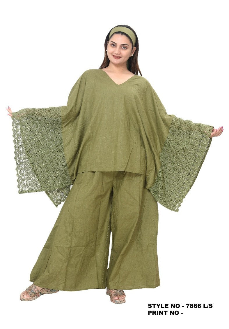 Linen Set/ Pant & Crocket Blouse Set - 7866 Olive