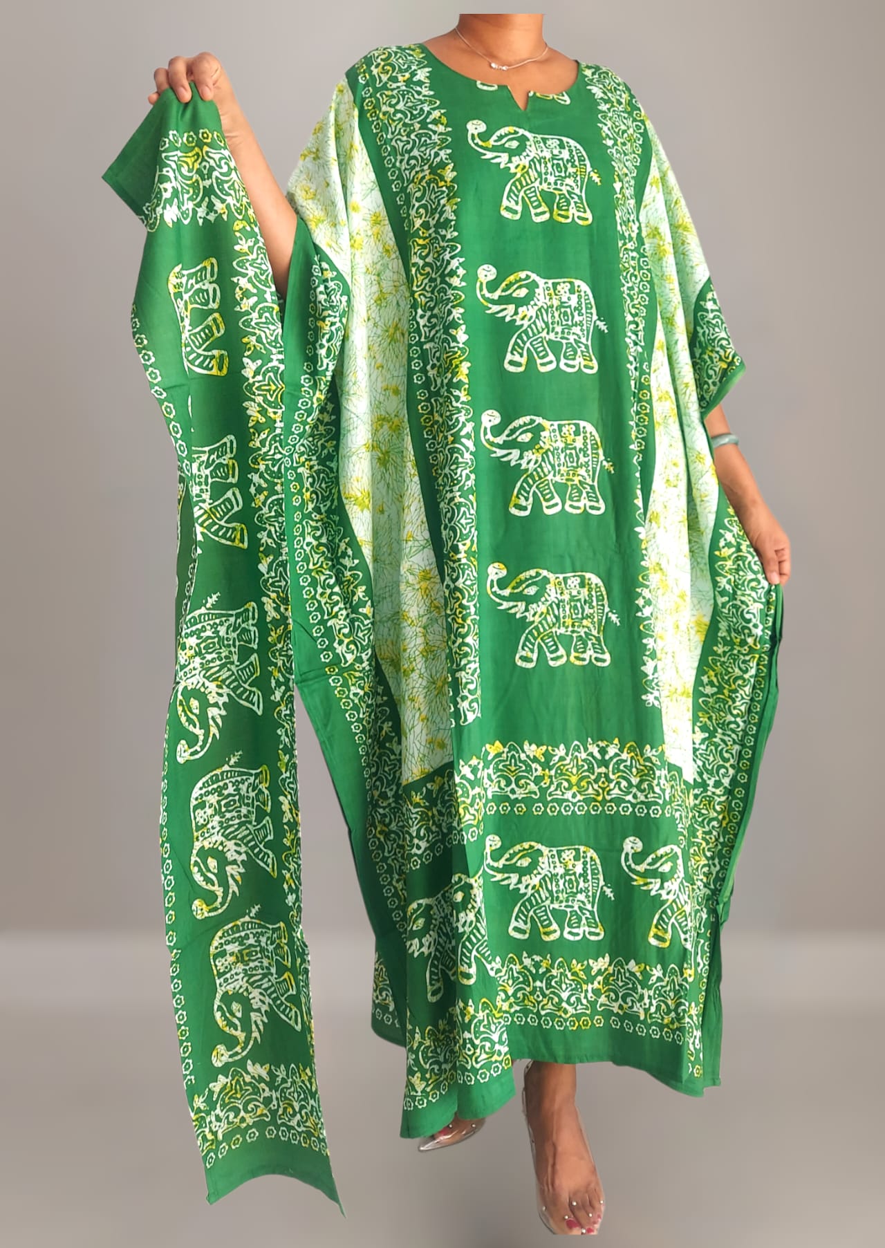 Women Elephant Print Kaftan Dress - Green