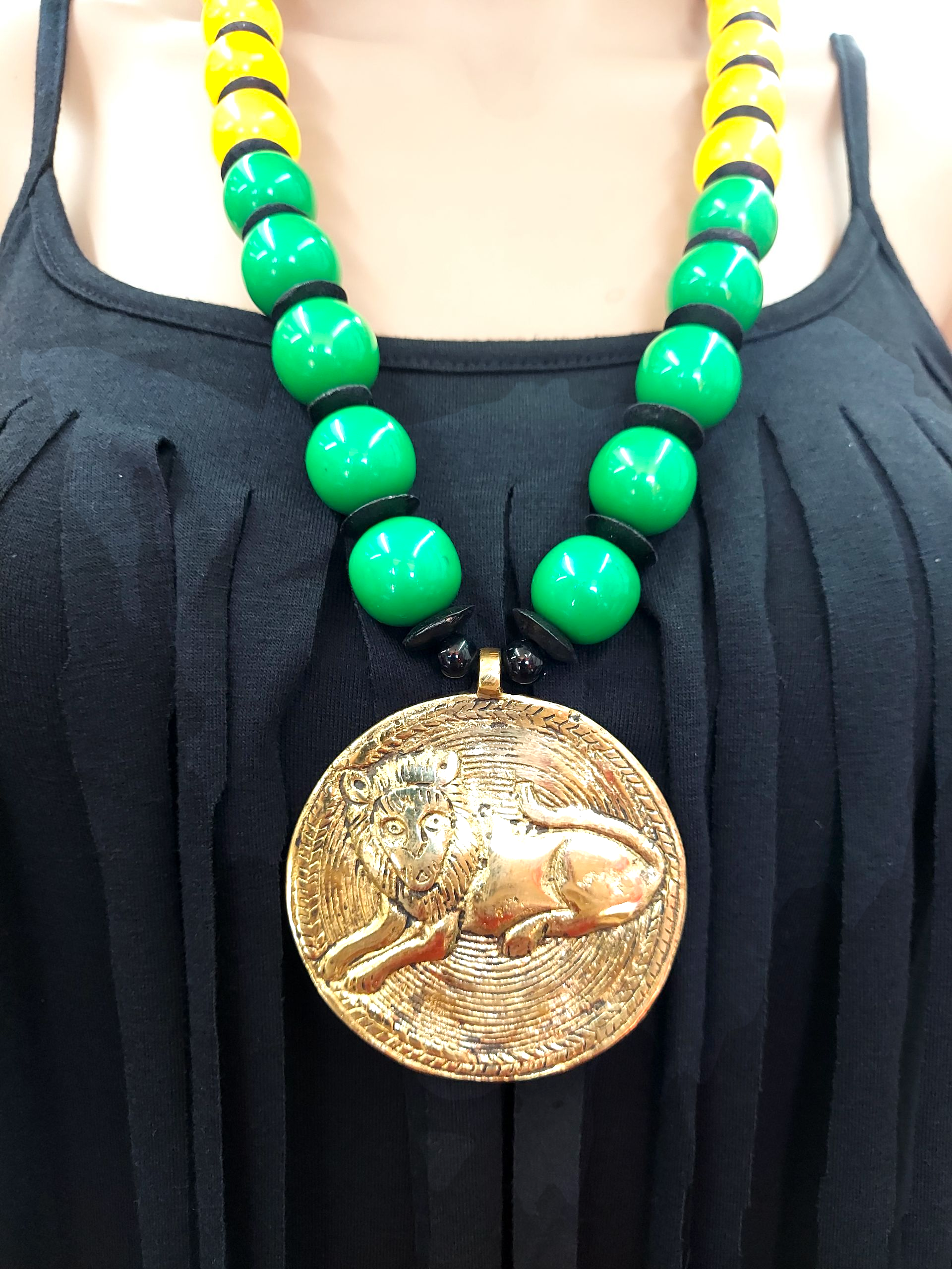 Beaded  Pendant Necklace & Earrings Set- Rasta Lion