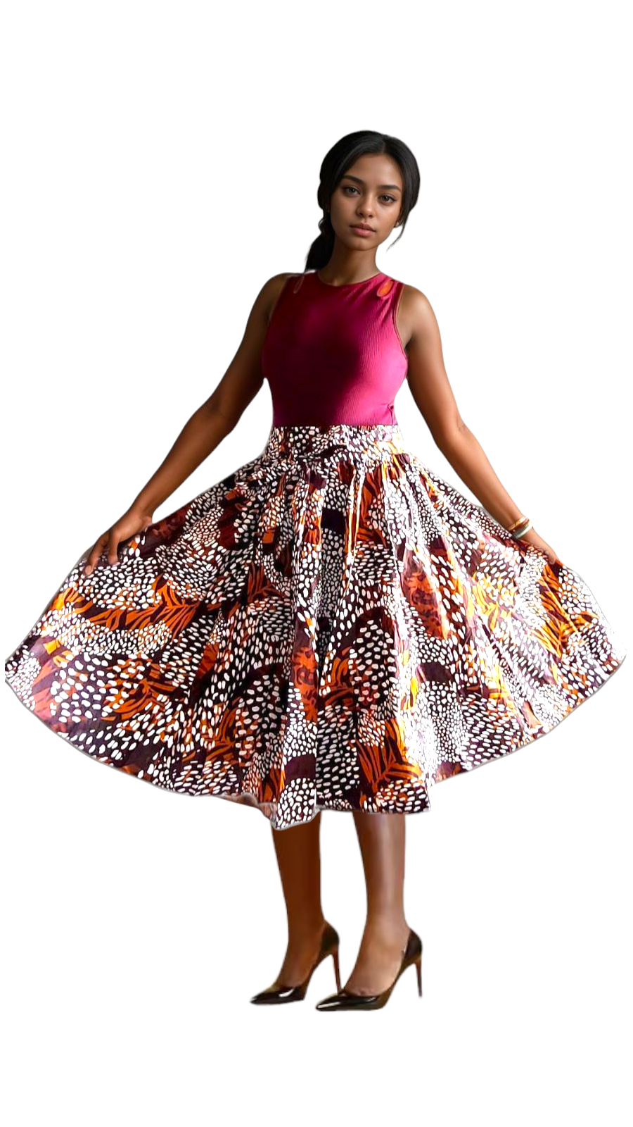AA18-521 Woman Mid Length Skirt - Brown/Cream